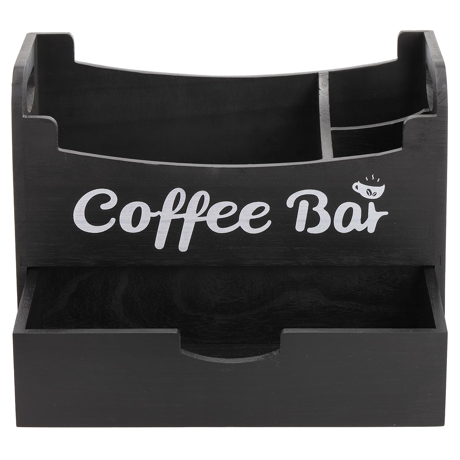 Dicunoy Wooden Coffee Bar Organizer with Drawer & Pod Holder - Black Kitchen Countertop Organizer for Coffee, Tea & Condiments - Perfect for Office Breakroom & Home Coffee Station