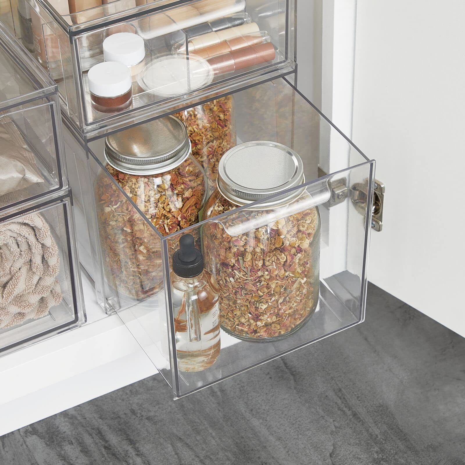 mDesign Plastic Stackable Bathroom Storage Organizer with Pull-Out Bin Drawer - 4 Pack Clear - Lumiere Collection for Cabinet, Vanity, Shelf & Closet Organization | Perfect for Small Spaces & Bathroom Decluttering
