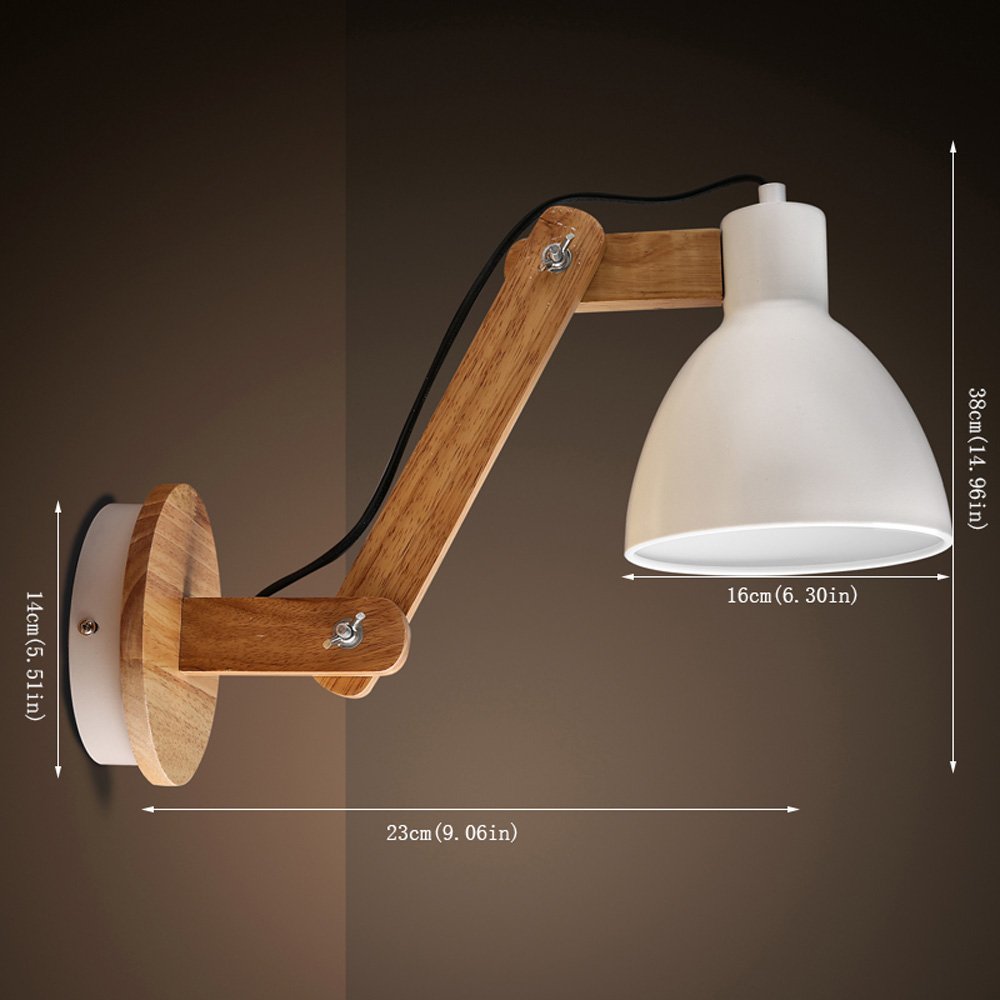 Modern Adjustable Wood Swing Arm Wall Light with White Metal Shade - Retro Wall Sconce for Cafe, Bar, Corridor & Reading - Wall Mounted Lighting Fixture for Home & Office Decor