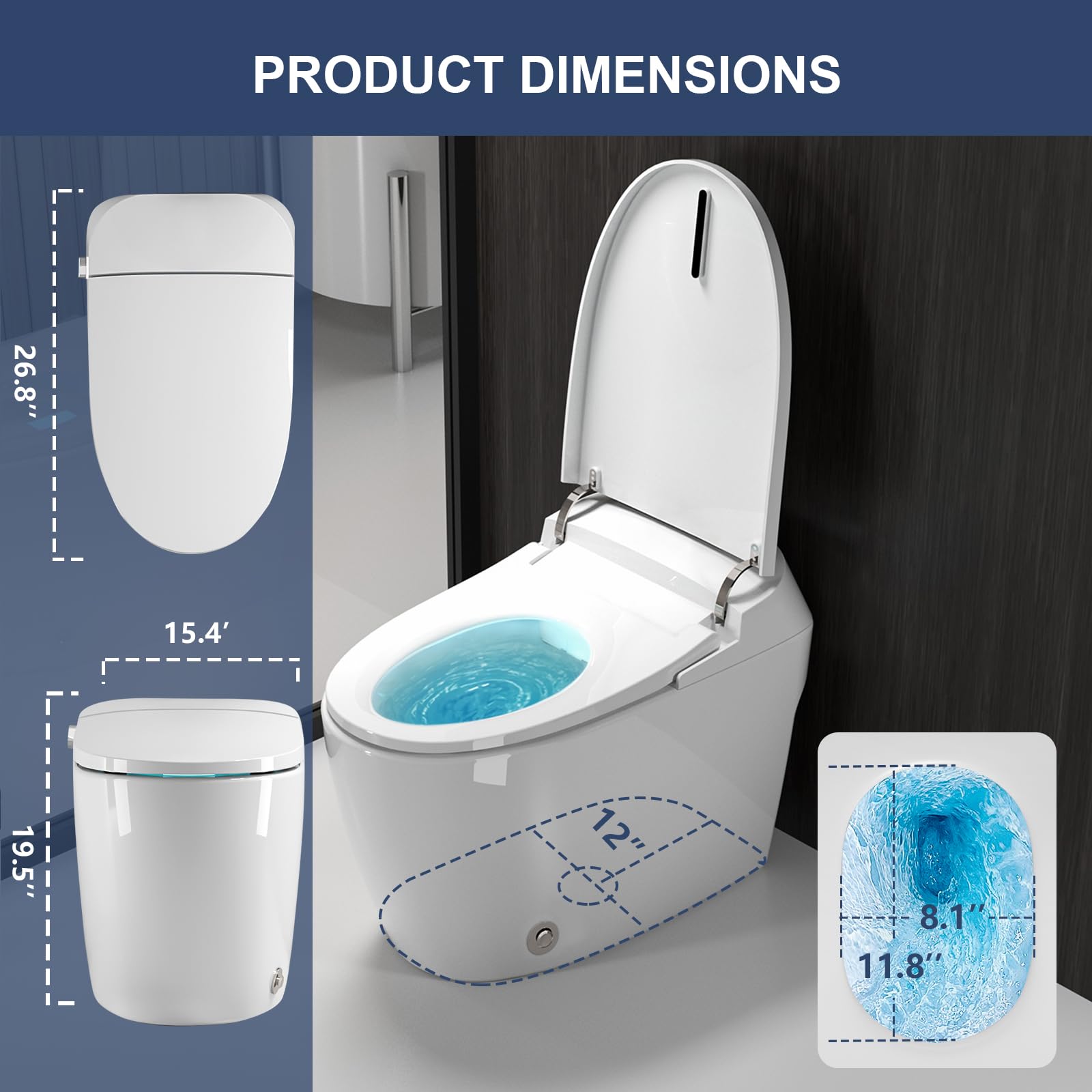 ZMJH 901 Smart Bidet Toilet with Built-in Warm Water & Dryer - One Piece Elongated Toilet with Heated Seat, Auto Flush & Soft Close - Remote Control for Modern Bathroom Luxury & Comfort
