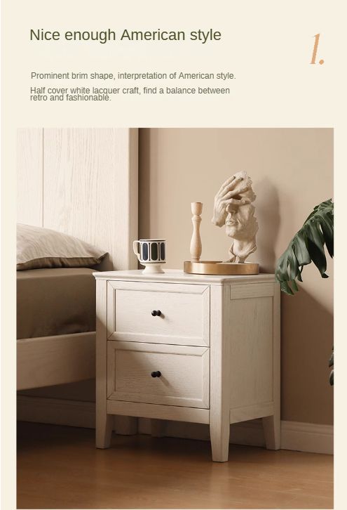 Solid Oak Wood Nightstand - Cream Finish, American Style Bedside Table for Bedroom Decor & Storage