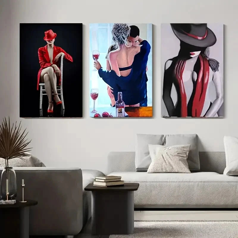3-Piece Women in Red & Black Wine Glass Wall Art Set - Framed Canvas 40x60cm | High Quality Print | 100% Australian Made | Ready to Hang | Perfect for Living Room, Dining Room & Bar Decor