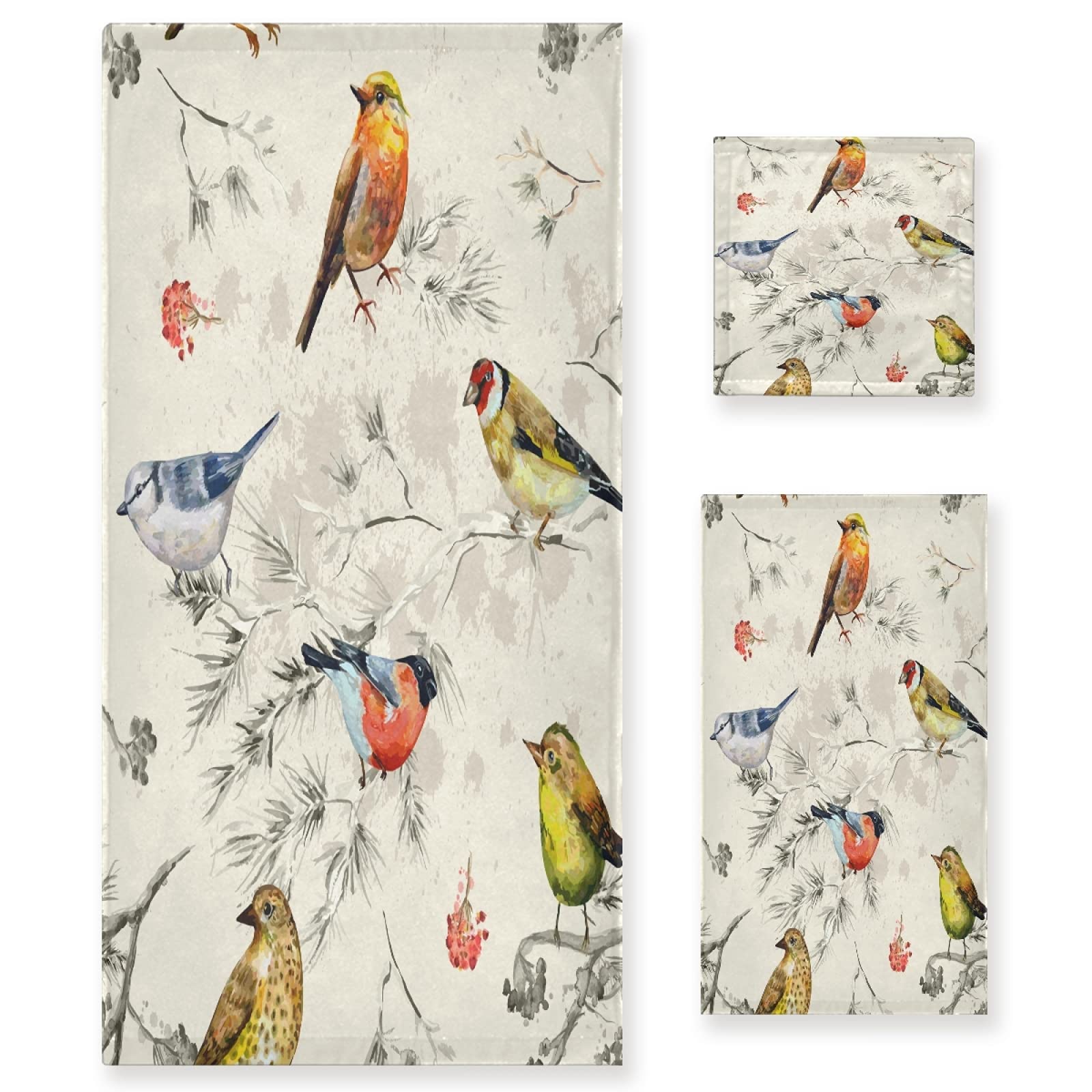 Vintage Bird Floral Bath Towel Set - 3-Piece Soft Absorbent Cotton Towels for Bathroom Decor, Includes Hand Towel & Washcloth - Perfect for Guest Bathrooms, Farmhouse Style Decor, and Spa Days