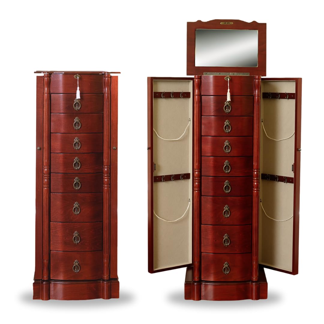 Vintage Sheffield Jewelry Armoire with Lock - Antique Style Cherry Wood Jewelry Storage Organizer for Necklaces, Rings & Earrings - Perfect for Bedroom, Closet & Travel Jewelry Organization