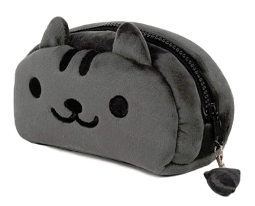 GK-O Neko Atsume Cute Cat Plush Pencil Case - Cartoon Makeup Cosmetic Bag for School & Travel (Deep Gray with Black Eyes) - Perfect for Students, Office & Gift Giving