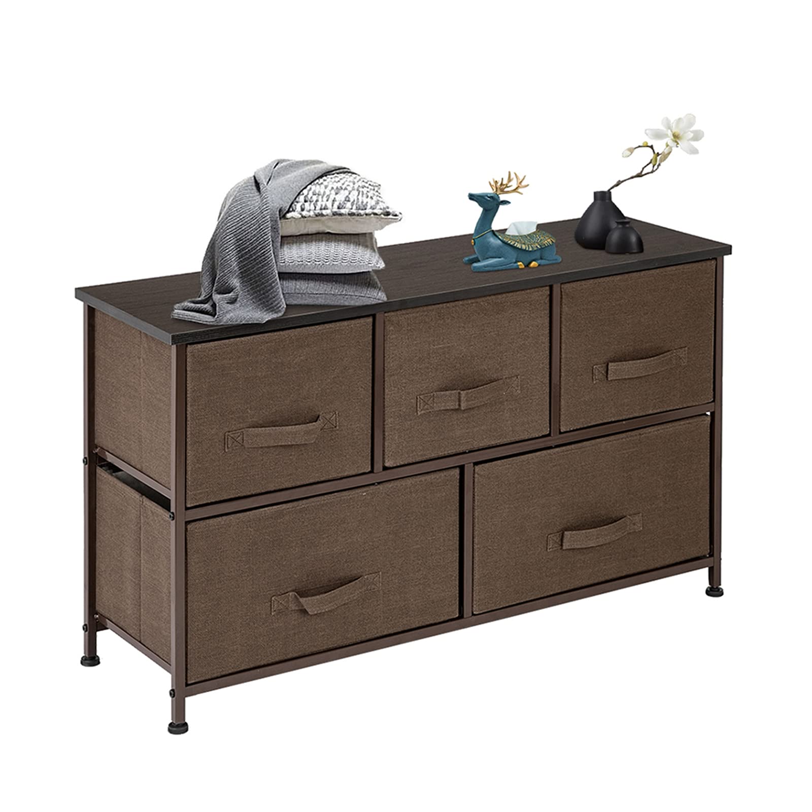2-Tier Wide Closet Dresser Organizer with 5 Fabric Drawers - Sturdy Metal Frame Nursery Storage Tower for Baby Clothes, Toys & Accessories | Space-Saving Organizer Unit for Bedroom, Dorm, Living Room & Hallway (Brown) - Perfect for Nursery Organization & Small Space Storage Solutions