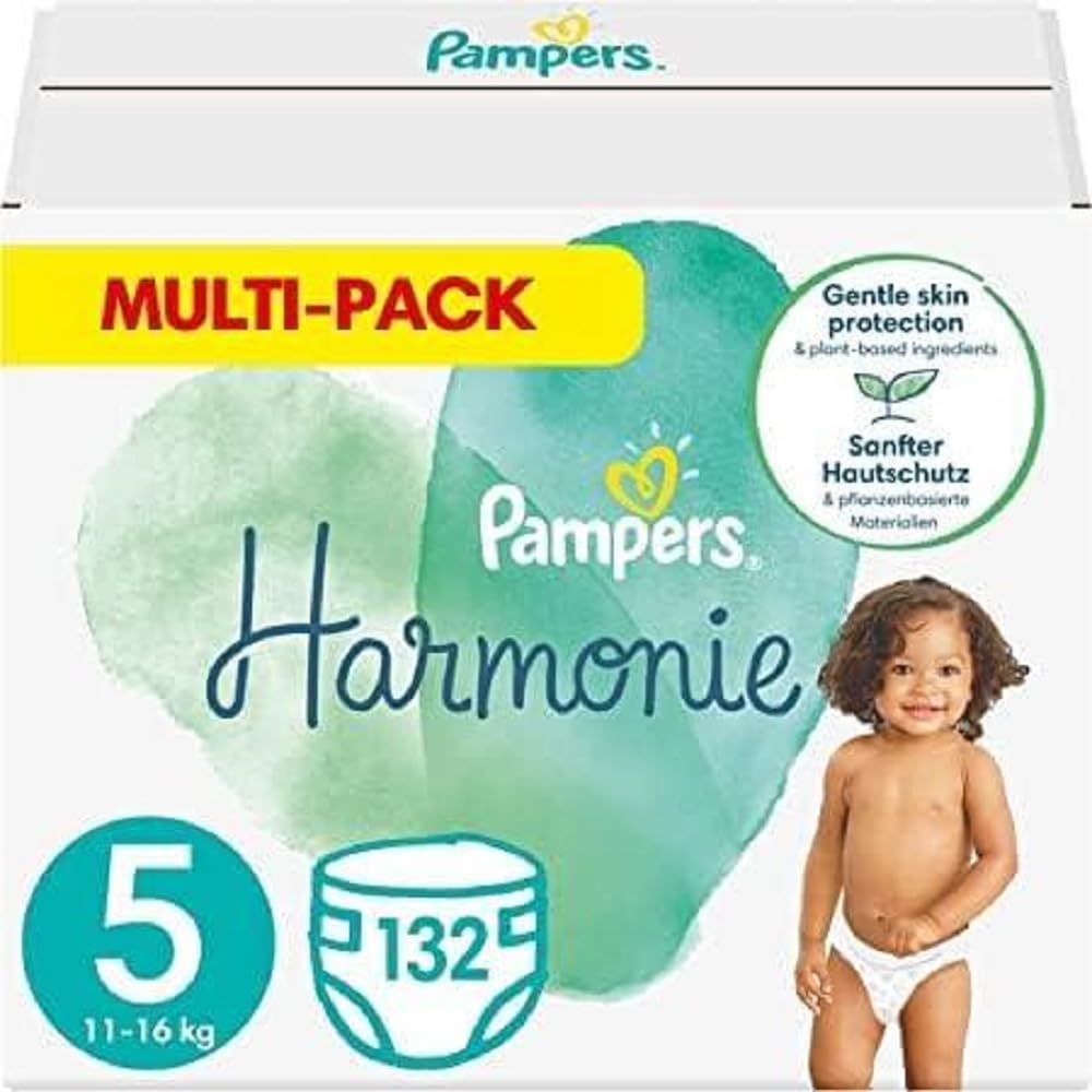 Pampers Size 5 Baby Diapers (11-16 kg / 24-35 lbs), Harmony Series, 132 Count - 1 Month Supply | Plant-Based, Hypoallergenic & Ultra Absorbent | Day & Night Protection for Active Babies | Perfect for Travel, Daycare & Home Use