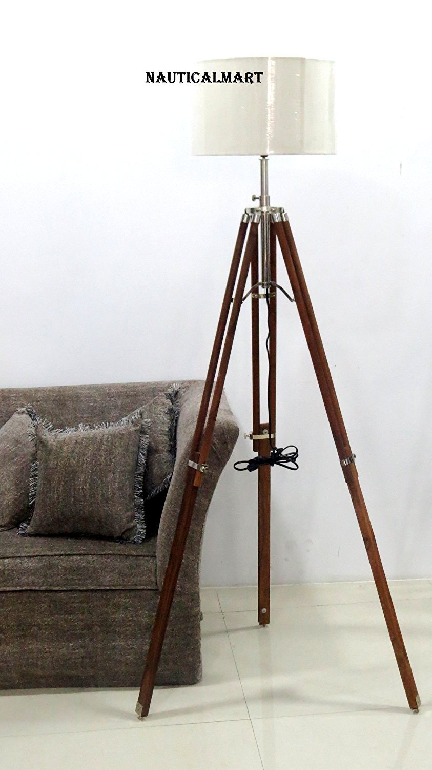 NauticalMart Natural Wood Tripod Floor Lamp - Adjustable Height Rustic Home Decor Lighting for Living Room, Bedroom & Office