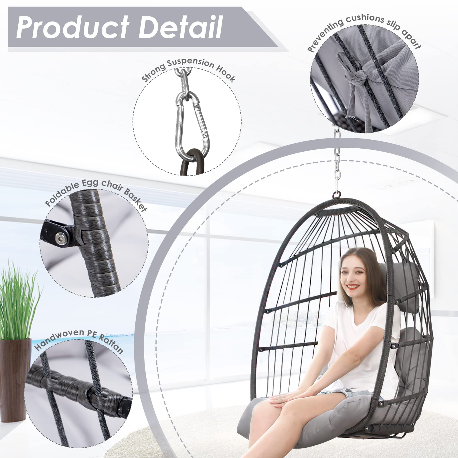 Foldable Hanging Egg Chair Without Stand - Rattan Swing Chair with Cushion & Pillow - Indoor/Outdoor Wicker Hammock Chair for Bedroom, Patio, Garden (Gray) - Perfect for Relaxing, Reading & Lounging