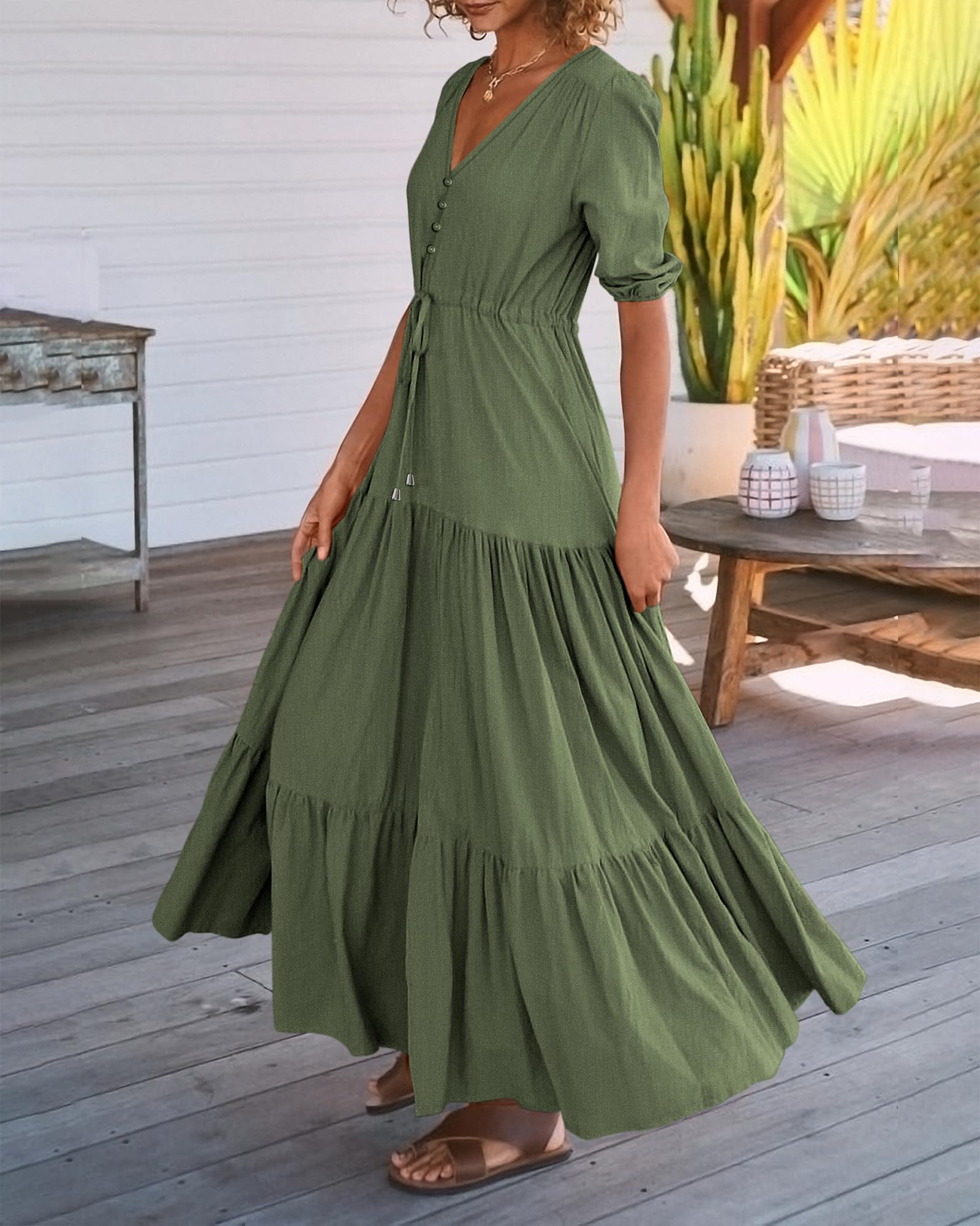 BTFBM Women's Summer Maxi Dress - Short Sleeve V-Neck Button Front Boho Long Dress with Drawstring Waist | Flowy Solid Color Beach Dress for Vacation, Date Night & Casual Outings