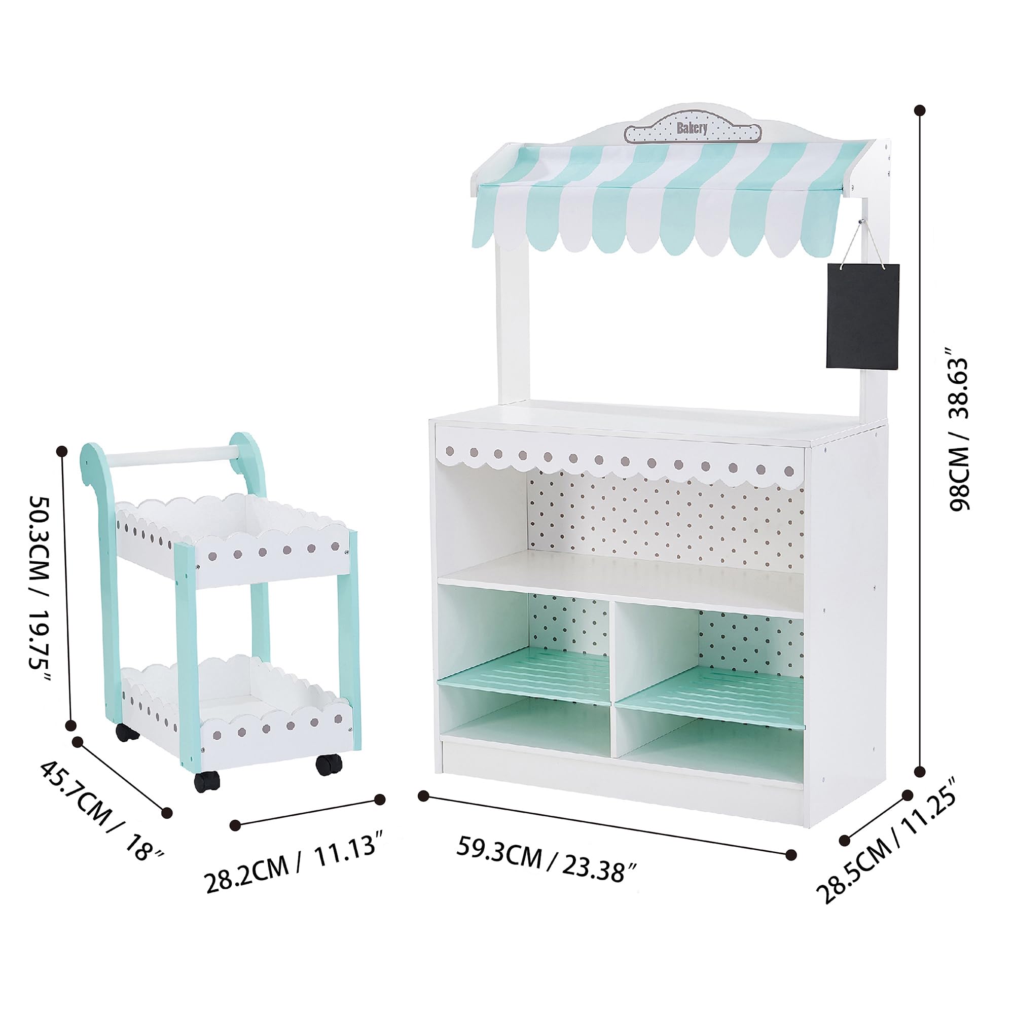 Teamson Kids My Dream Bakery Shop - Interactive Wooden Play Kitchen Set with 18 Pretend Baked Goods, Rolling Pastry Cart & Dessert Stand - White & Mint Green with Gray Polka Dots - Perfect for Pretend Play, Role Playing & Early Childhood Development