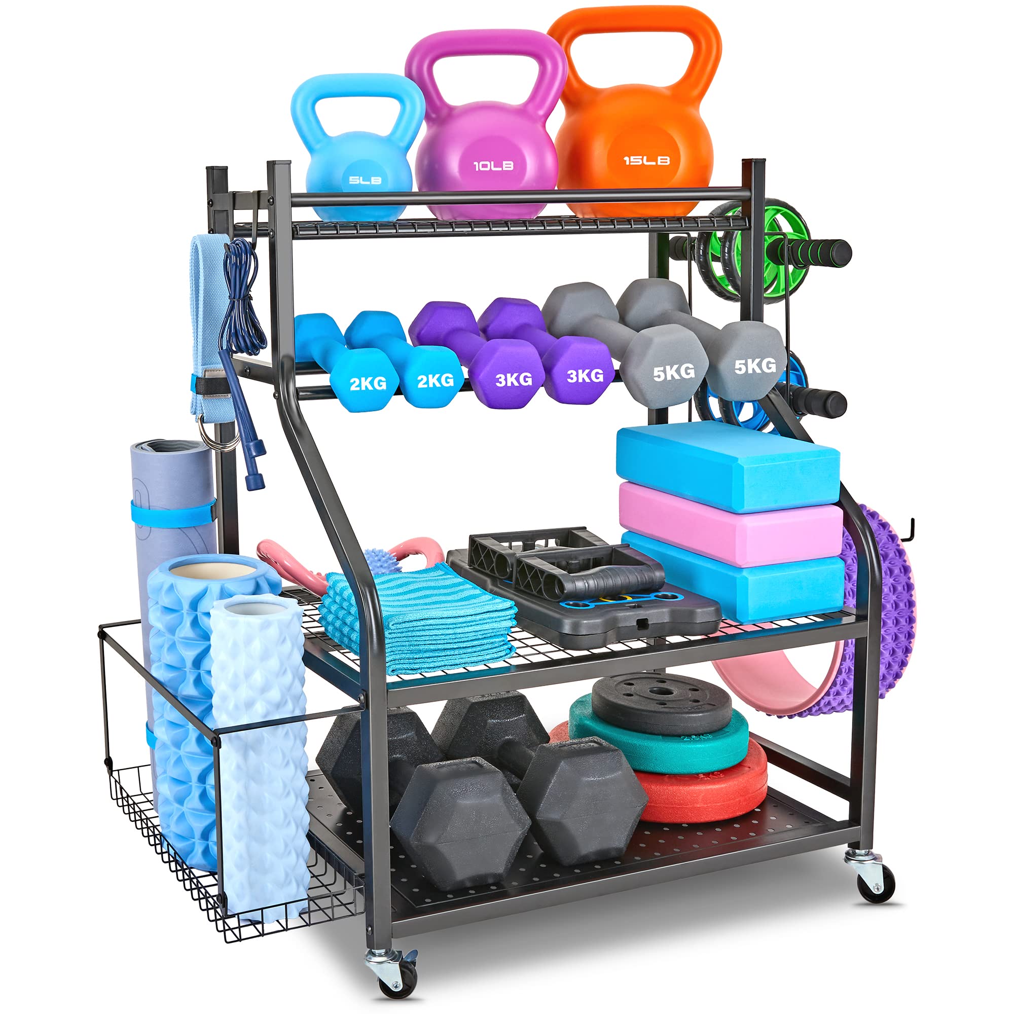 Dumbbell Rack & Yoga Mat Storage Organizer - Heavy Duty Home Gym Equipment Stand for Dumbbells, Kettlebells & Yoga Mats | All-in-One Workout Gear Storage with Wheels | Perfect for Home Gym, Garage & Fitness Studio Organization