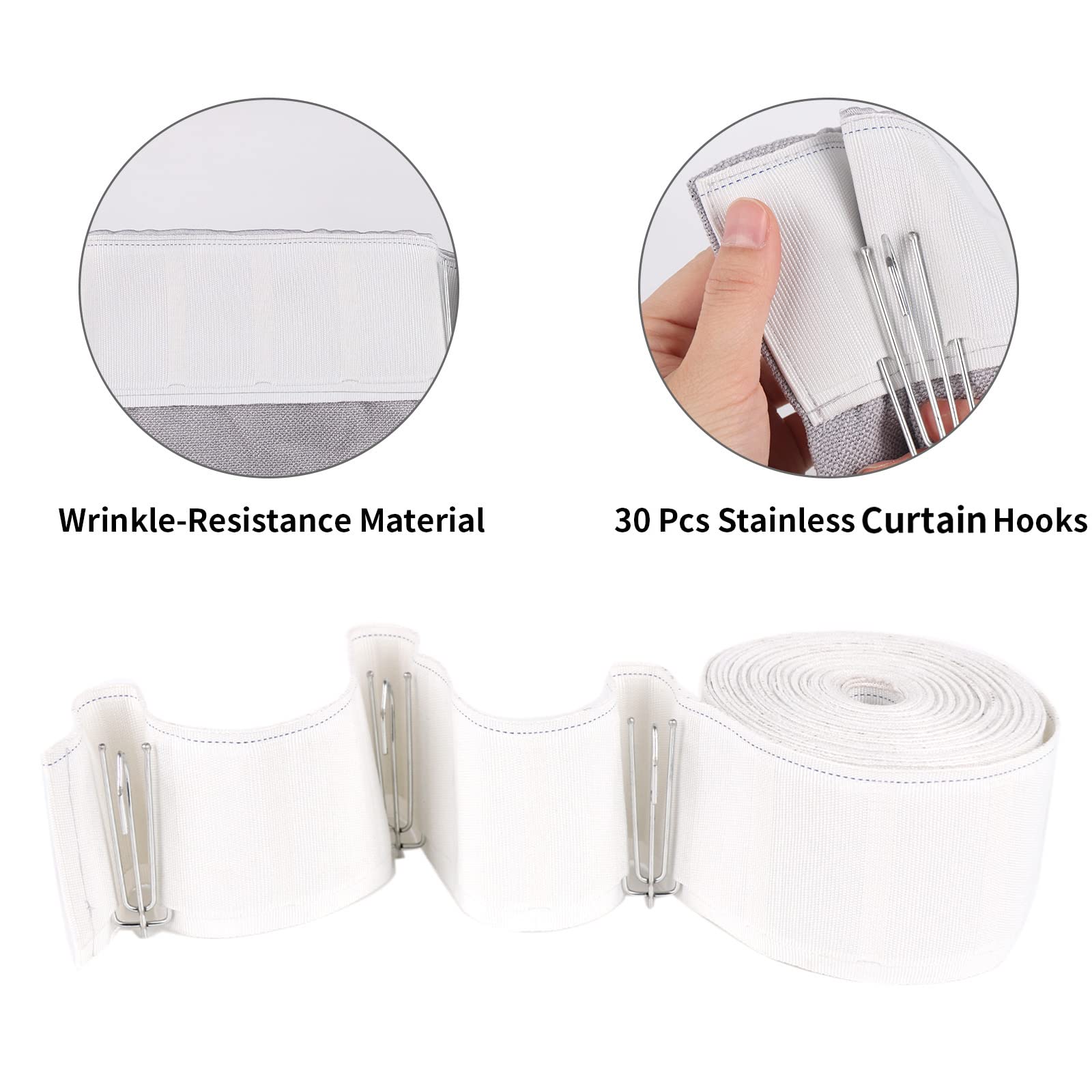 10 Meters/10.9 Yards White Pleat Tape for DIY Pinch Pleat Curtains - Includes 30 Stainless Steel 4-Prong Hooks | Perfect for Home Decor, Window Treatments & Custom Drapery Projects