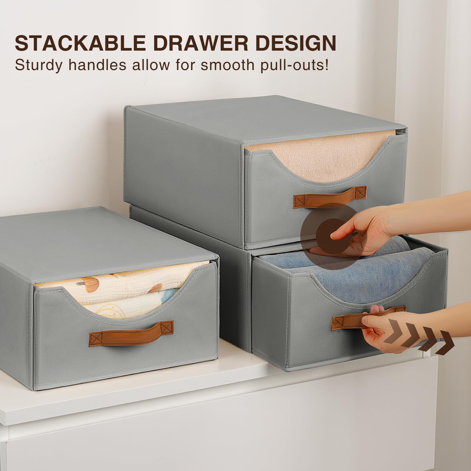 Large Fabric Storage Bins with Drawers - 4 Pack Collapsible Closet Organizers for Bedroom & Living Room - Grey Home Organization Solutions for Shelves, Cabinets & Underbed Storage