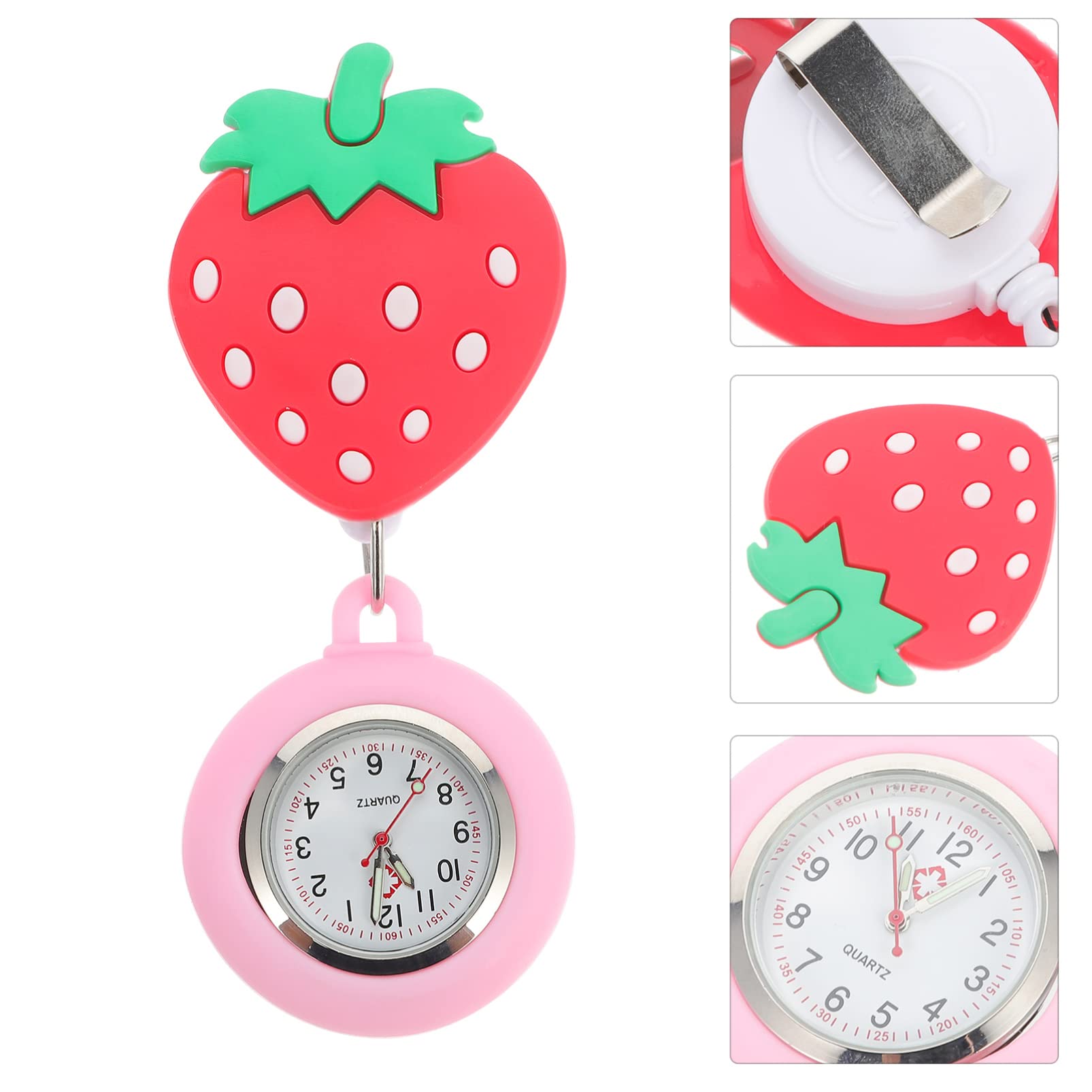 Hemobllo Retractable Pocket Watch - Cartoon Strawberry Design, Portable Hanging Lapel Watch for Doctors & Nurses (Ideal for Medical Professionals, Hospital Shifts & Clinical Use)