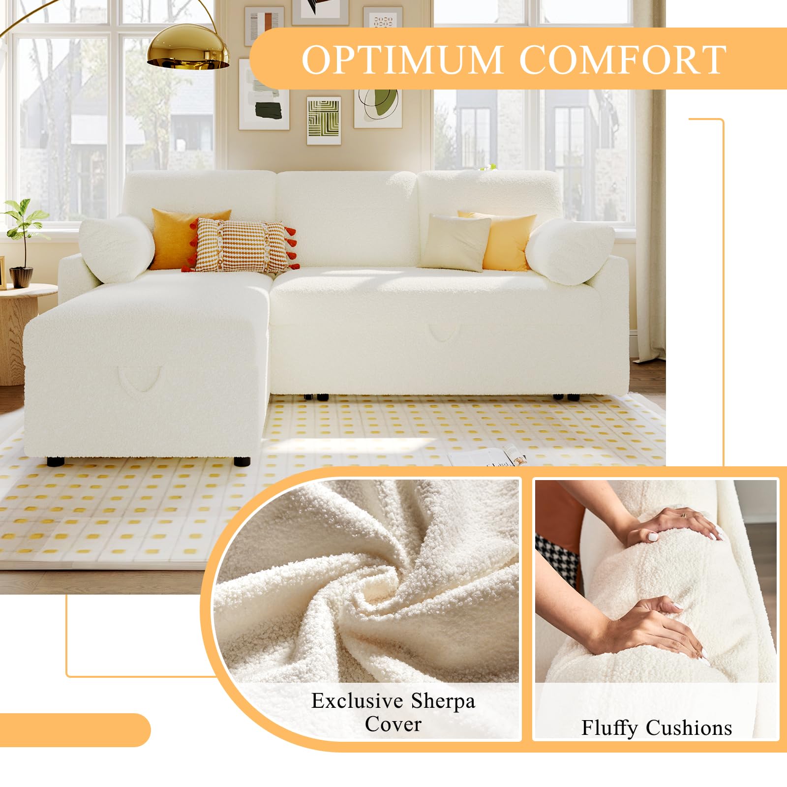 L-Shaped Sleeper Sofa with Storage Chaise - Convertible Pull-Out Couch Bed, Oversized Sectional for Living Room - Off-White Sherpa Fabric | Perfect for Small Spaces, Guest Rooms & Apartments