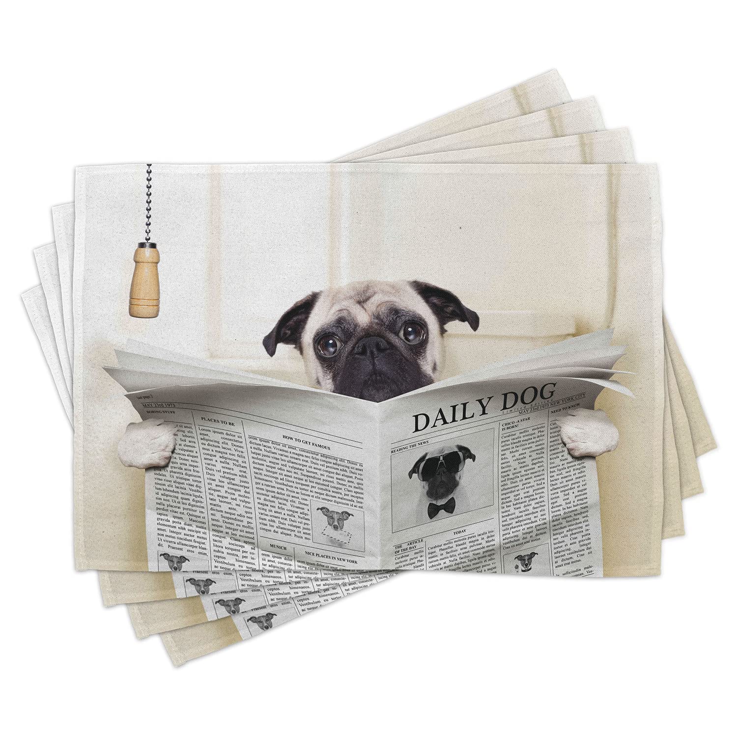 Ambesonne Pug Place Mats Set of 4 - Funny Puppy Reading Newspaper on Toilet Print, Washable Fabric Dining Table Mats for Kitchen & Home Decor in Cream Black White | Perfect for Dog Lovers, Funny Gifts & Themed Parties