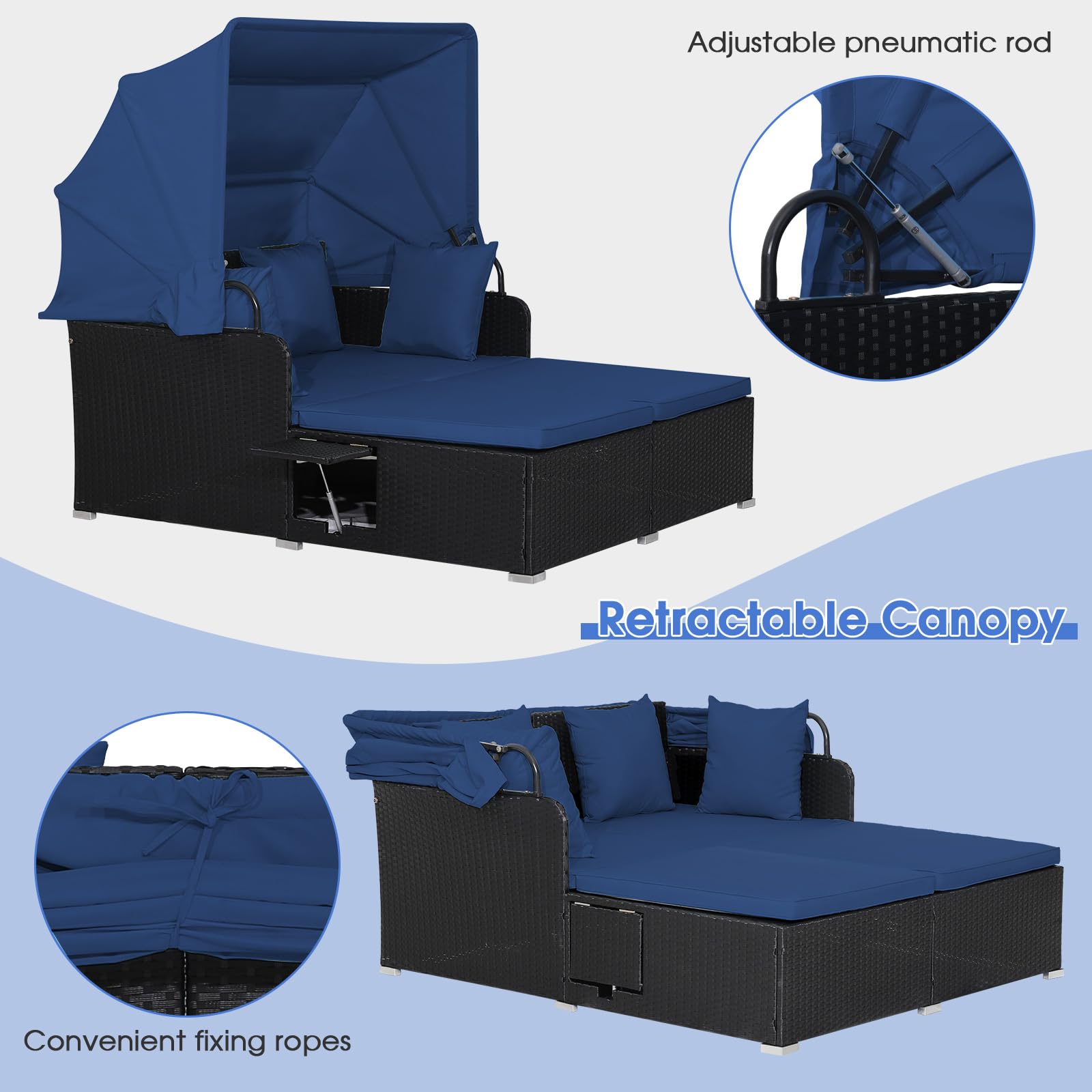 RELAX4LIFE Outdoor Daybed with Canopy - 2-Person Rattan Wicker Sunbed with Cushions, 4 Pillows & Retractable Side Trays - Perfect for Poolside, Porch, Garden, or Patio Lounge (Navy Blue)