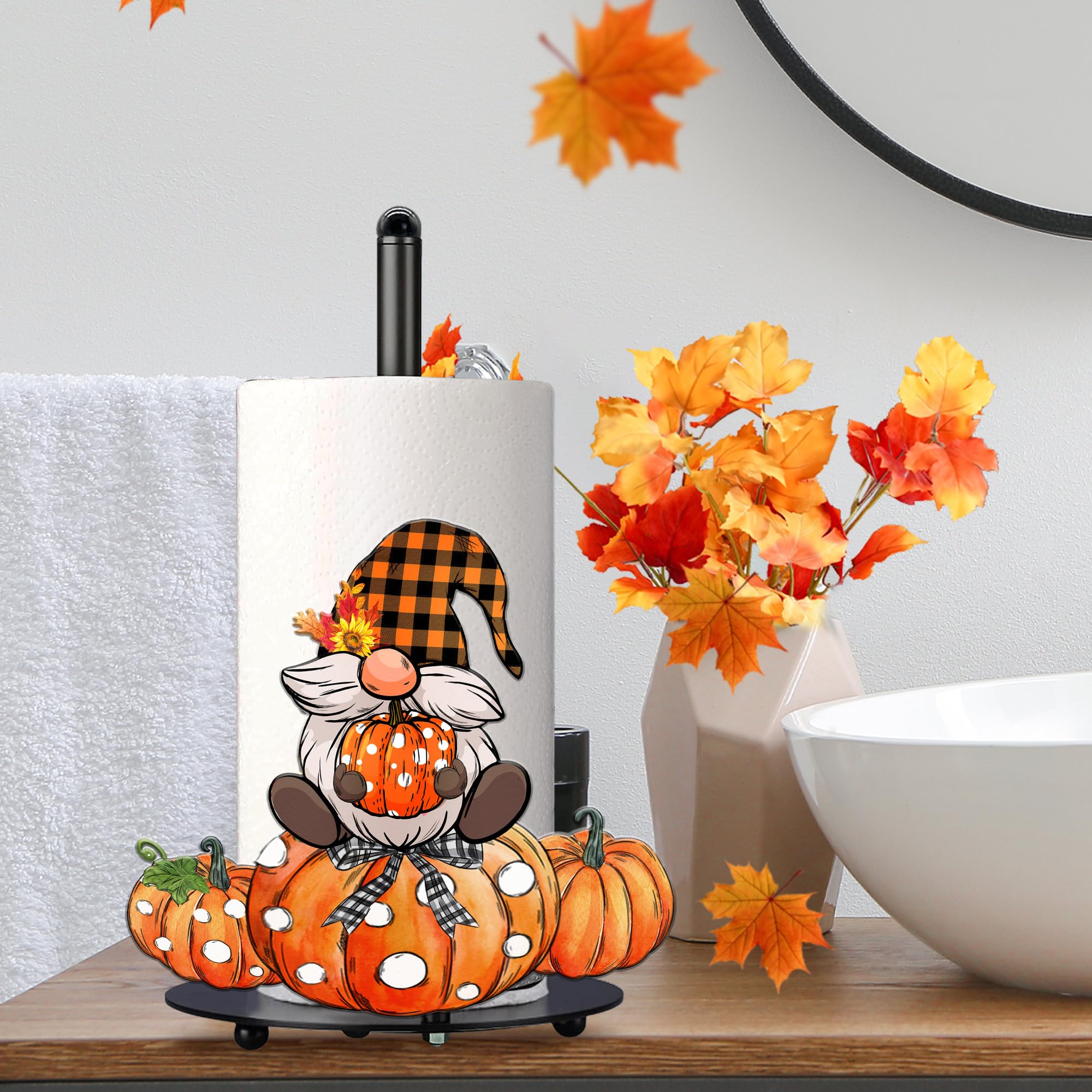 HexaGram Fall Paper Towel Holder - Rustic Farmhouse Kitchen Decor with Pumpkins & Gnomes, Large Countertop Towel Stand (13.4