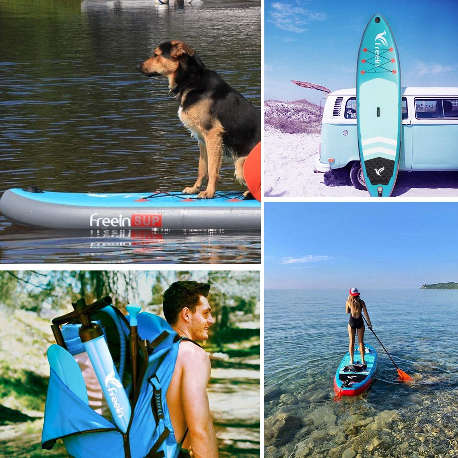 Freein 11' Explorer Inflatable Stand Up Paddle Board with Dual Action Pump & Camera Mount - Light Blue SUP Package for Lakes, Rivers & Ocean Paddling