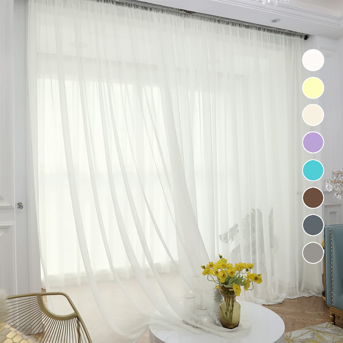 Beige Sheer Curtains 63 Inches Long - 2 Panels Rod Pocket Voile Semi Sheer Window Drapes for Kitchen, Bedroom & Living Room - Light Filtering Privacy Curtains (52