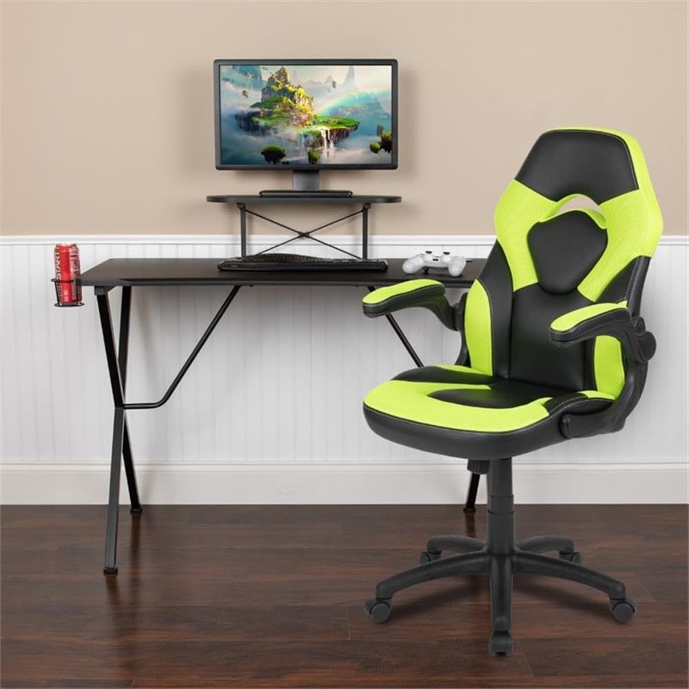 BOWERY HILL 2-Piece Gaming Desk Set with Monitor Stand - Black & Green Computer Desk for PC Gaming Setup, Home Office & Streaming Station