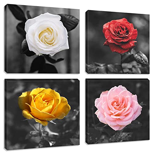 Vibrant Rose Flowers Canvas Wall Art - Black & White Floral Painting for Bedroom Decor | Modern Home Wall Decor for Living Room, Office & Nursery