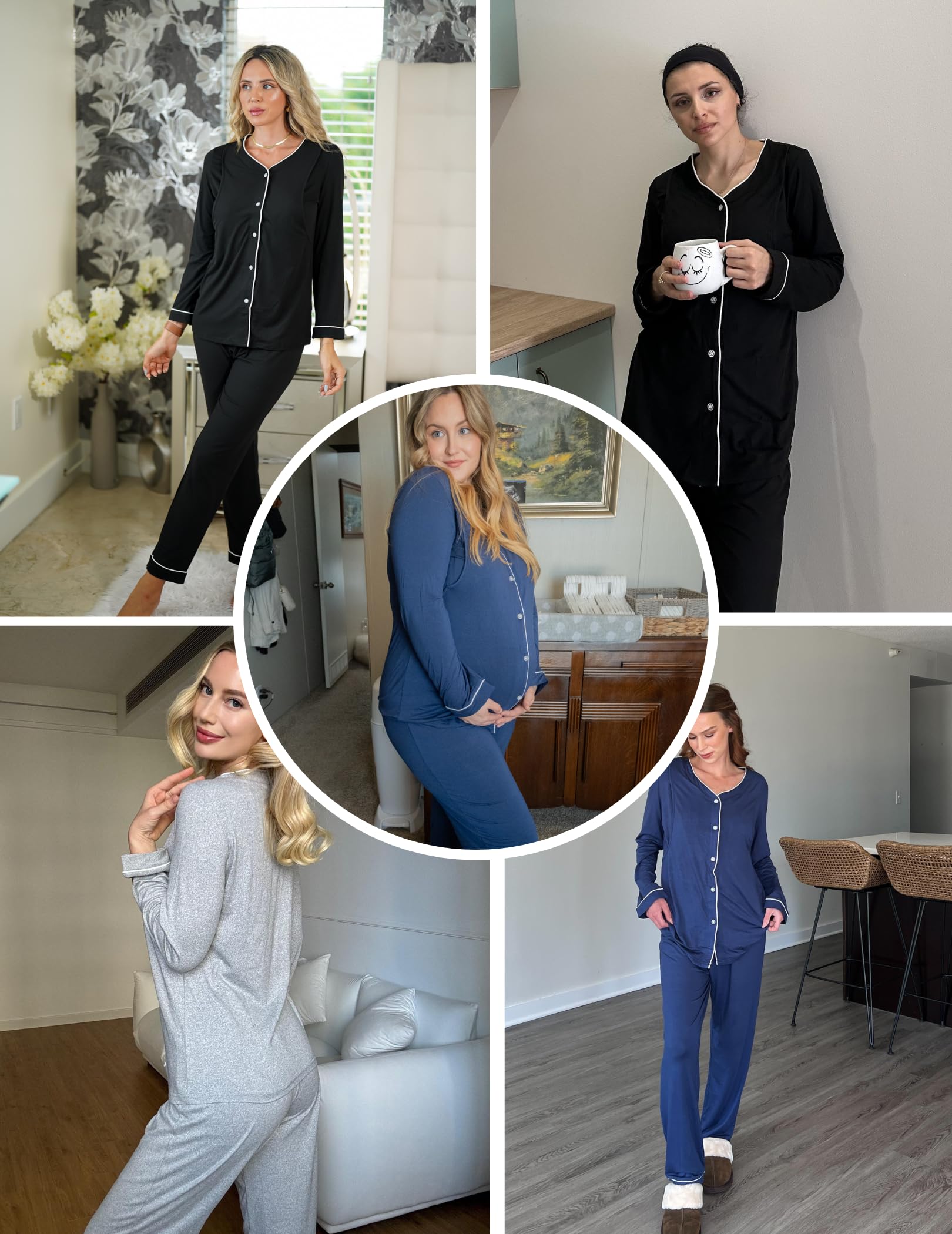 Ekouaer Maternity Pajama Set - Button Down Nursing Sleepwear for Breastfeeding Moms, Soft & Comfortable Pregnancy Pajamas in Blue - Perfect for Nighttime Nursing, Hospital Stay & Postpartum Recovery