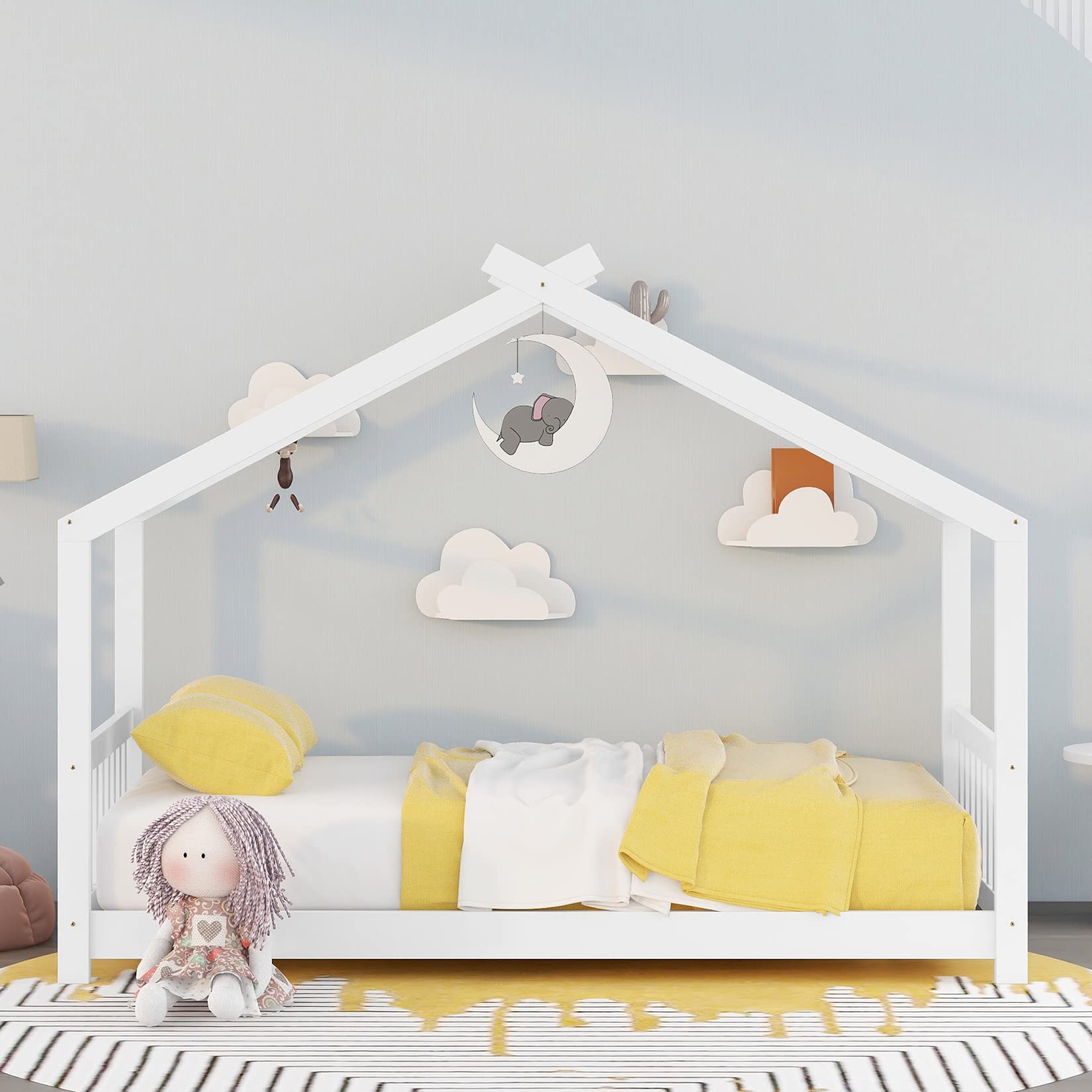 Montessori Twin House Bed Frame for Kids - Wooden Floor Tent Bed with Headboard & Footboard - Ideal for Boys, Girls & Teens - Perfect for Bedrooms, Playrooms & Montessori Learning Spaces (White)
