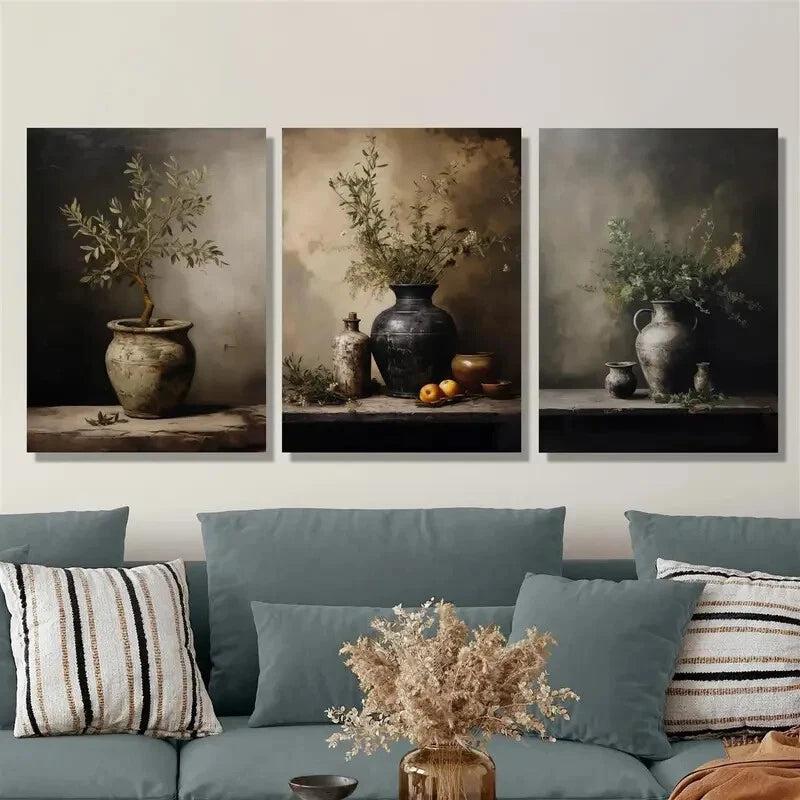 Vintage Still Life Art Metal Print - 3 Piece Olive Plant Wall Decor, Ready to Hang - Perfect for Living Room, Bedroom & Office Decor