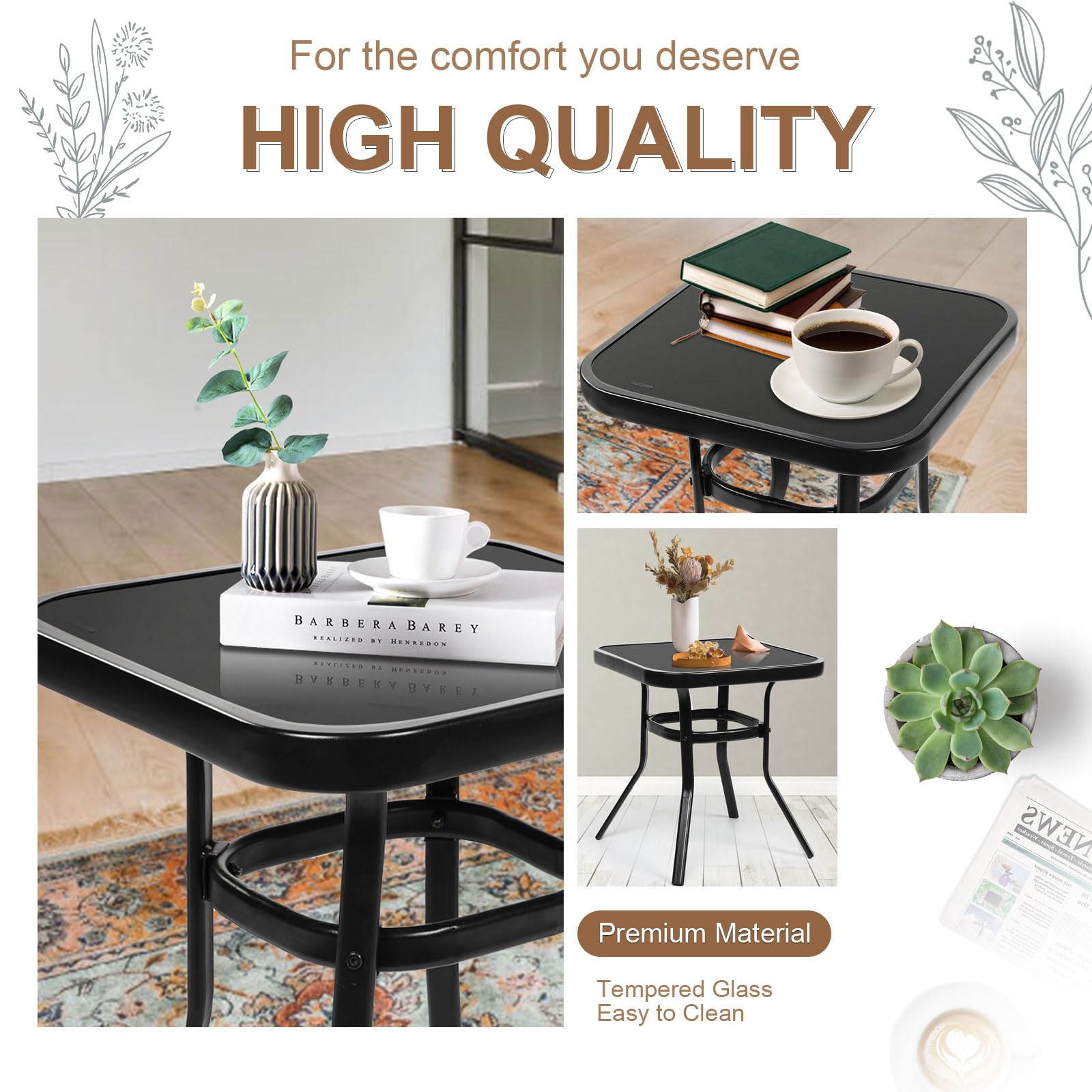 Crownland Outdoor Rocking Chairs 3-Piece Patio Set with Bistro Table - Black Iron Frame with Thickened Cushions & Glass Coffee Table - Brown - Perfect for Garden, Porch, Backyard Relaxation and Outdoor Entertaining