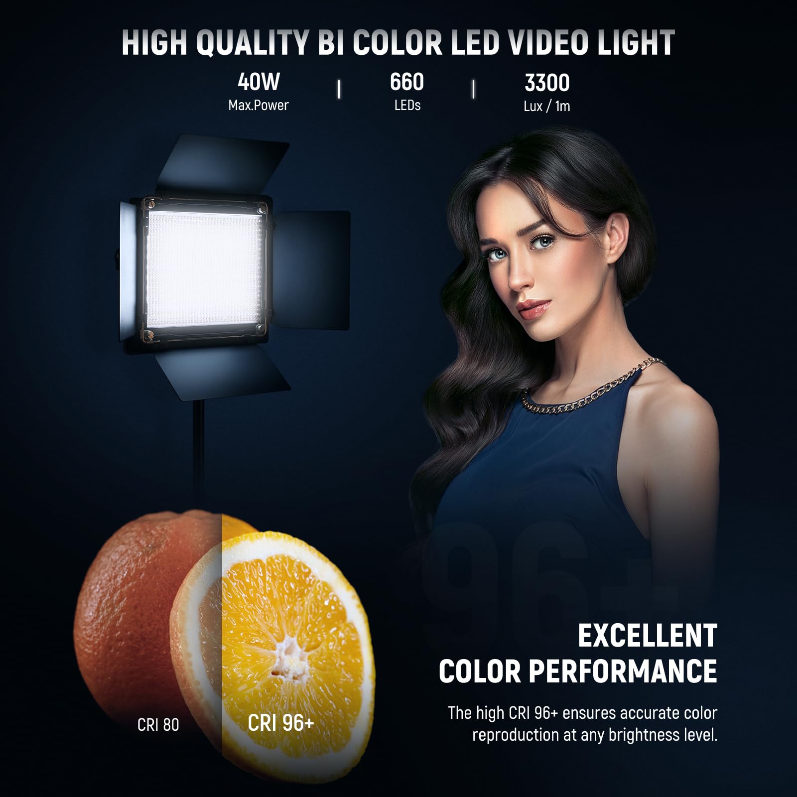 NEEWER 2 Pack Bi-color 660 LED Video Light Kit with Stands - (2) 3200-5600K CRI 96+ Dimmable Photography Lights, U Bracket, Barndoors, Softbox Diffusers & 75