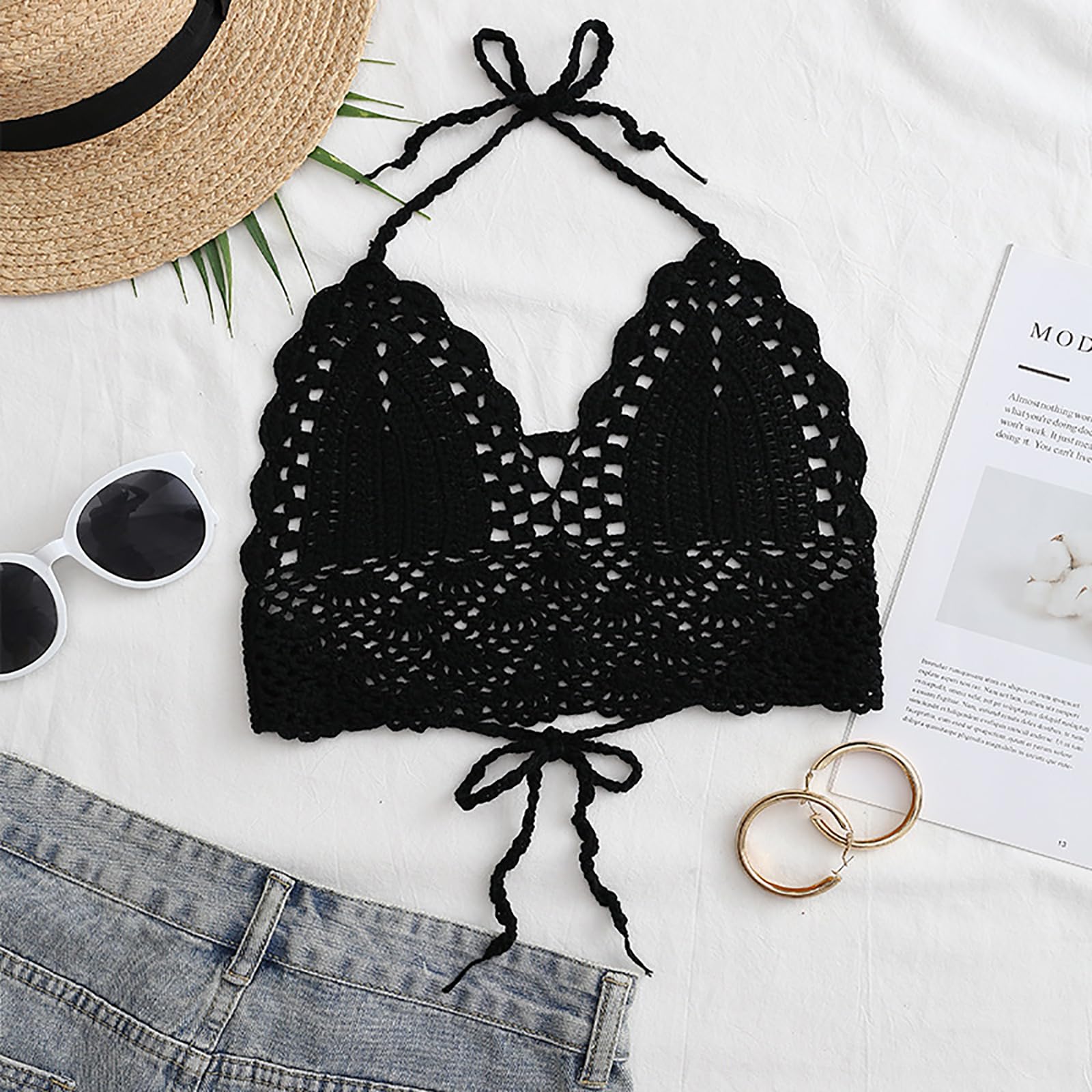Wonuu Women's Crochet Bralette Top - Summer Beach Bikini Bra, Sexy Knit Crop Top for Swimwear, Pool Party, and Vacation Outfits