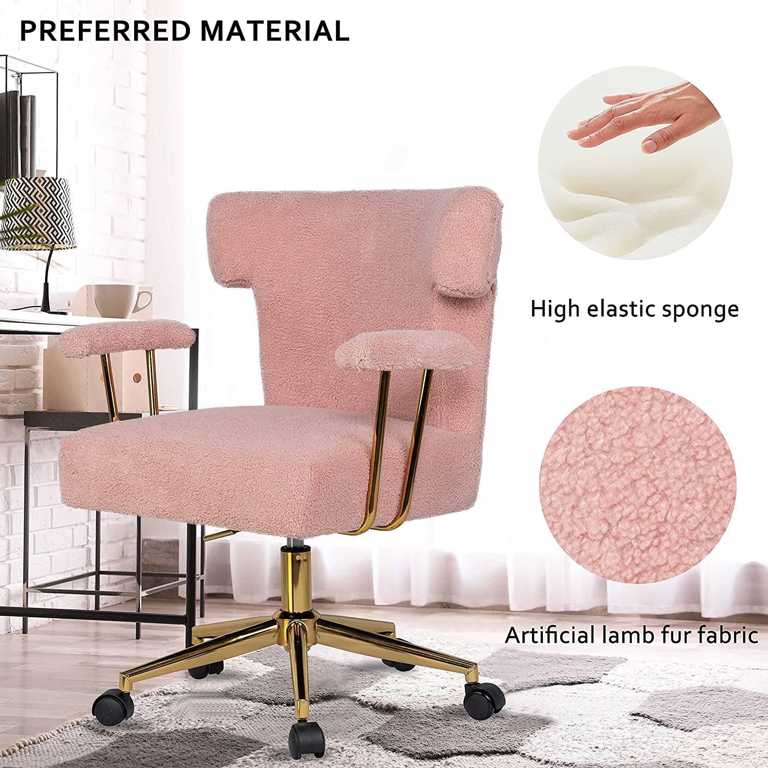Goujxcy Modern Velvet Upholstered Office Chair - Adjustable Height Cute Pink Armchair for Home, Bedroom, Study & Living Room | Perfect for Work from Home, Gaming & Vanity Desk