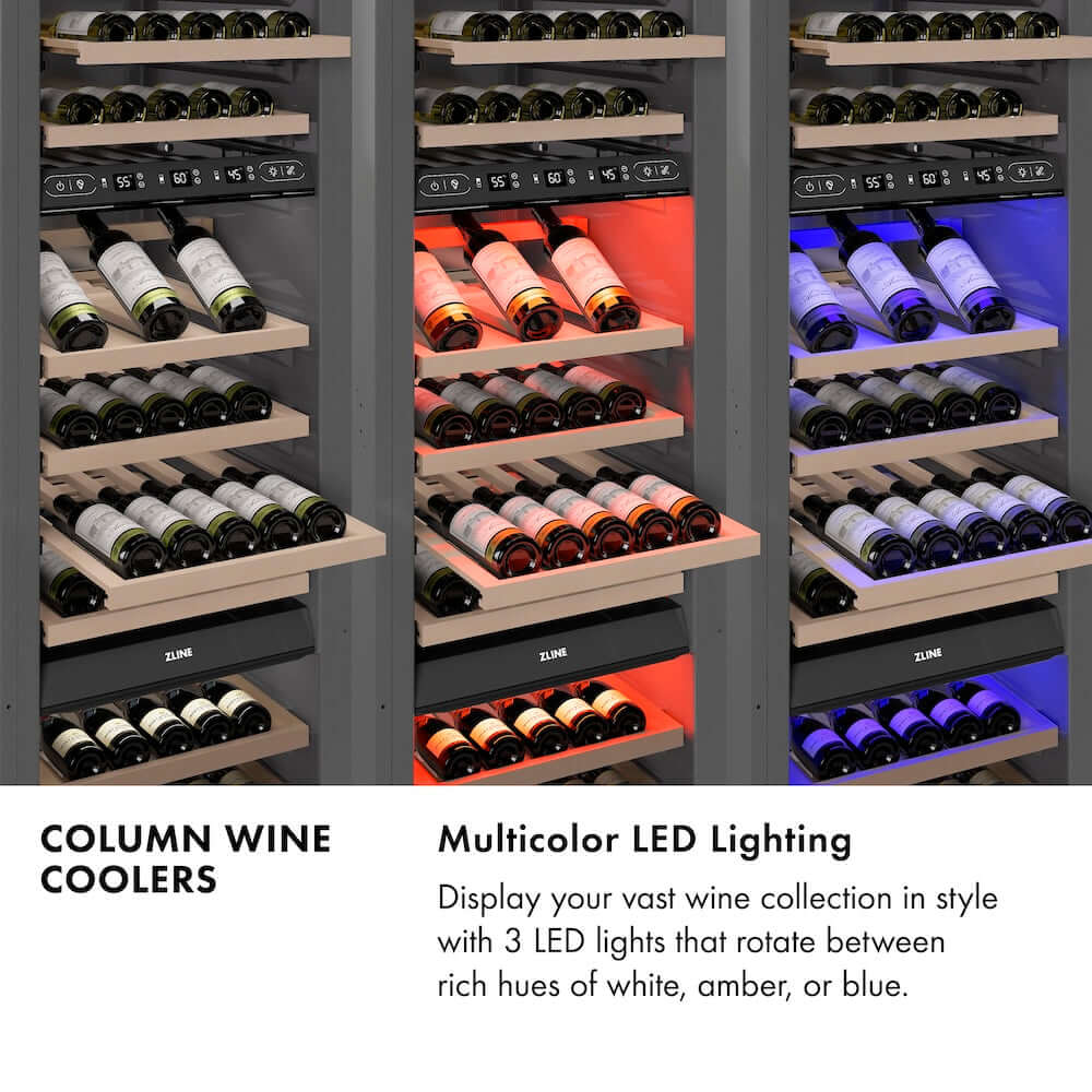 ZLINE Autograph Edition 18 Inch 9.0 cu ft Triple Zone 68 Bottle Left Hinge Column Wine Cooler - Black Stainless Steel with Champagne Bronze Accents - Perfect for Wine Cellars, Restaurants, and Home Bars (RCWVLZ BS 18 CB)