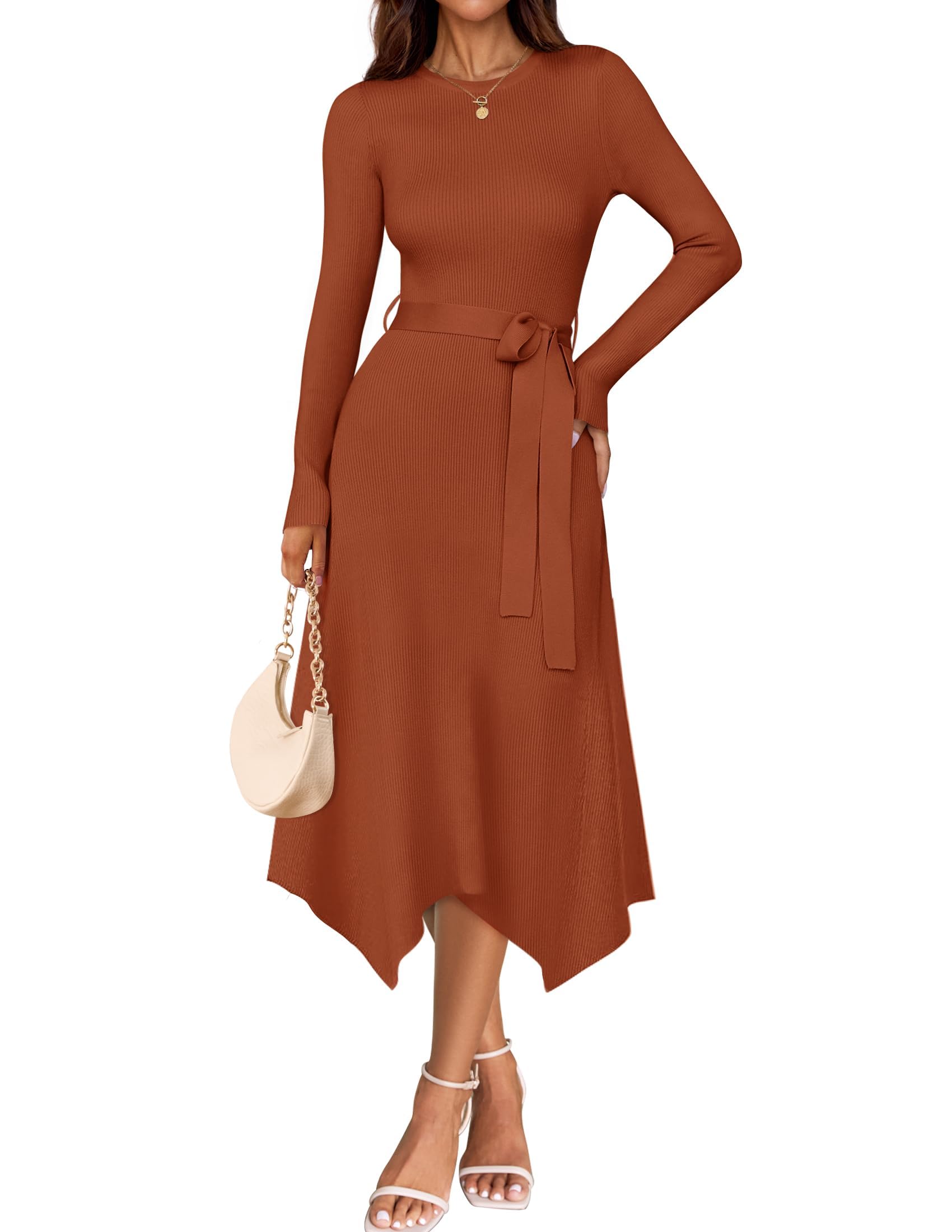 ZESICA Women's 2025 Spring Long Sleeve Ribbed Knit Sweater Dress with Belt - High Waist Midi Length for Casual Outings, Office Wear & Date Nights