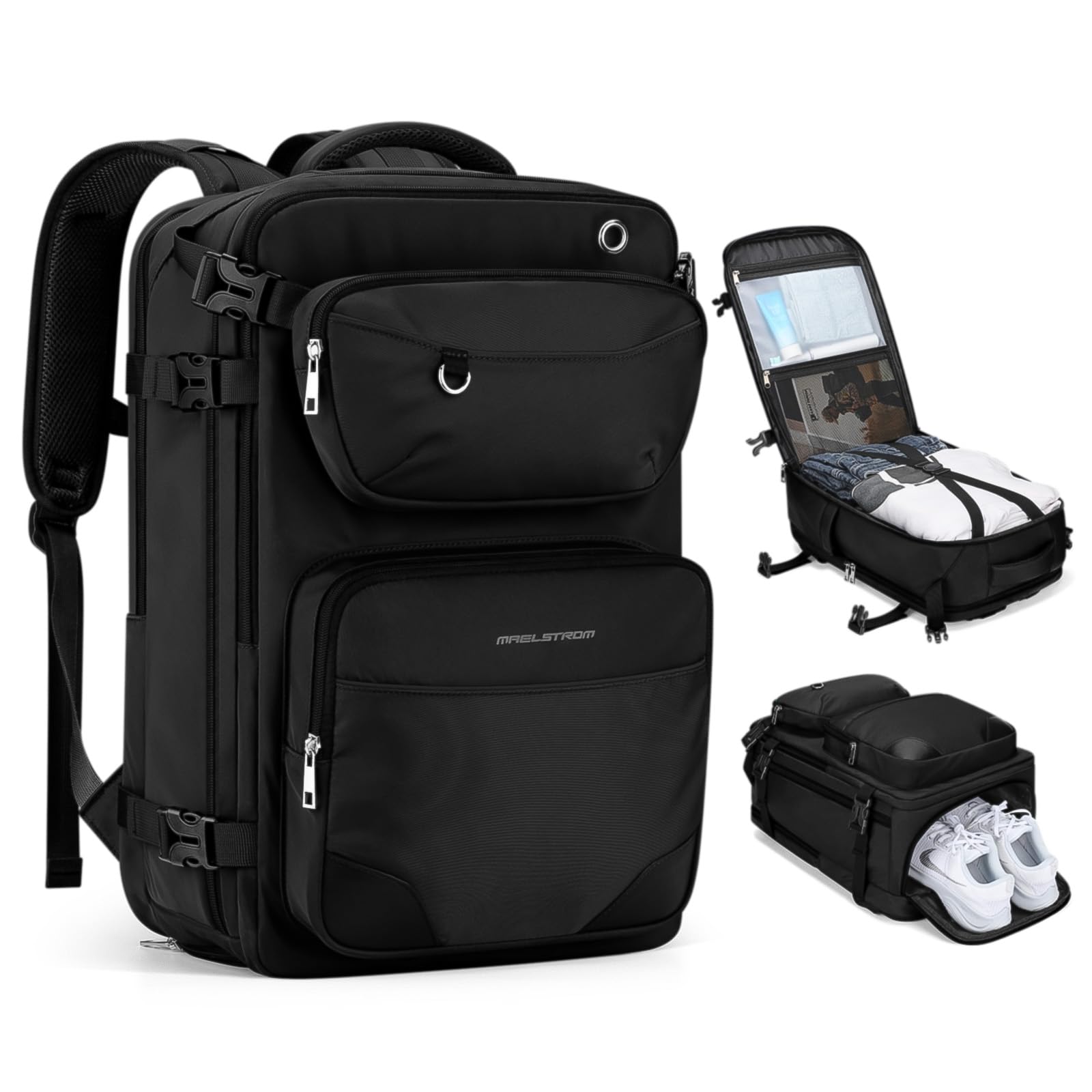 Maelstrom 35L Waterproof Travel Backpack for Men & Women - Carry On Laptop Backpack with Belt Bag & Shoe Compartment, Fits 17” Laptop - Pure Black, Large - Ideal for Airplane Travel, Hiking & Daily Commute