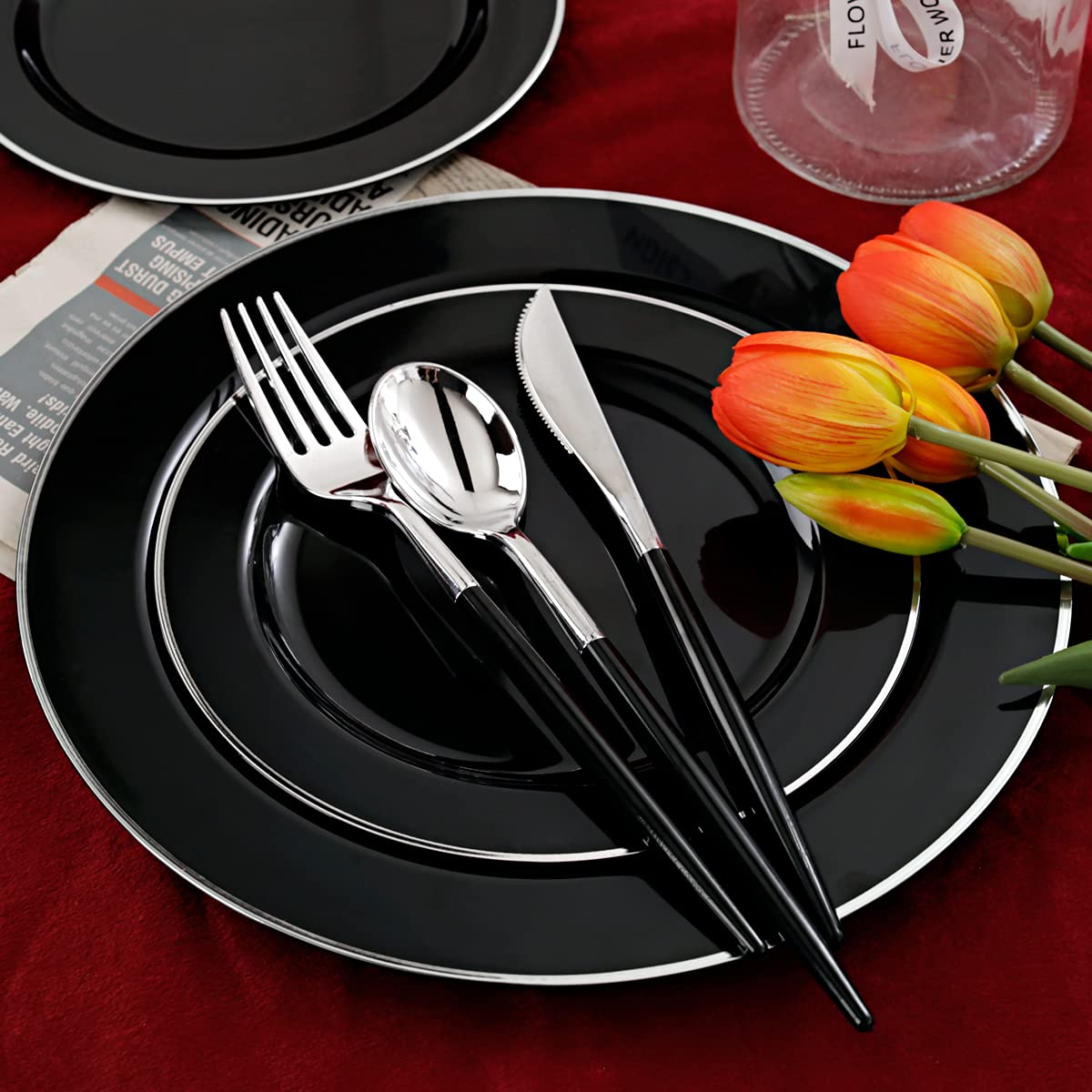 WELLIFE 120-Piece Black & Silver Plastic Dinnerware Set - 24 Dinner Plates, 24 Dessert Plates & 72 Silverware for Parties, Weddings & Events - Elegant Disposable Tableware for Catering, Picnics & Outdoor Gatherings