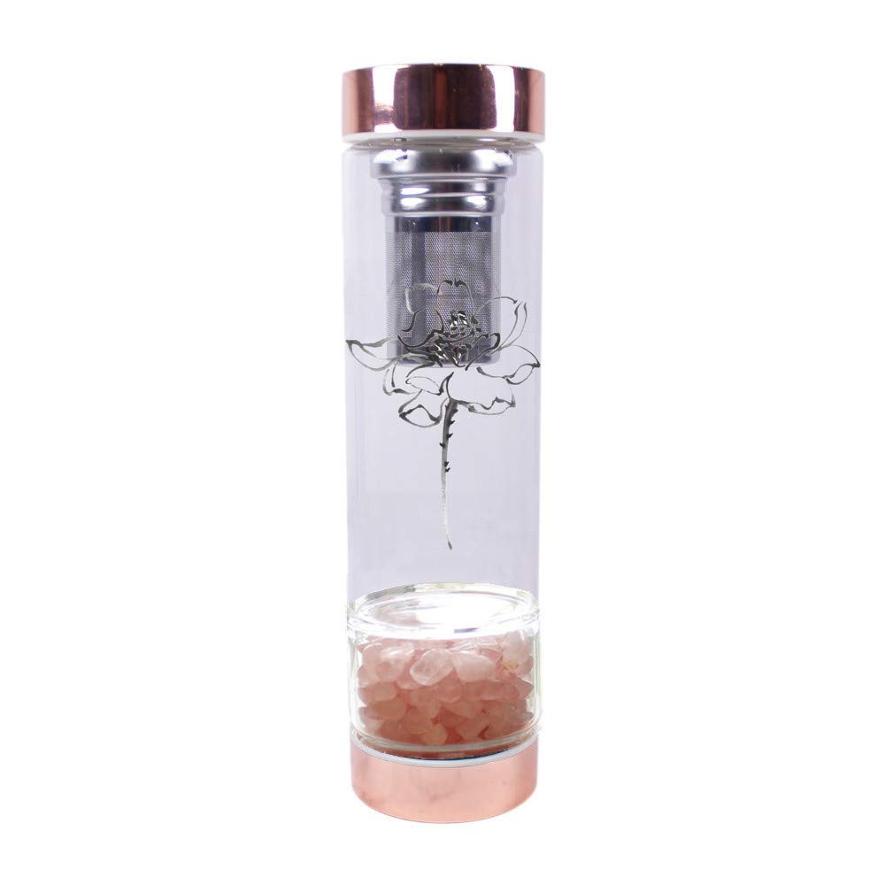 **15 oz Rose Quartz Crystal Infused Water Bottle with Tea Strainer - Chakra Healing & Wellness, Reusable Glass Bottle for Detox, Yoga, Meditation & Daily Hydration**