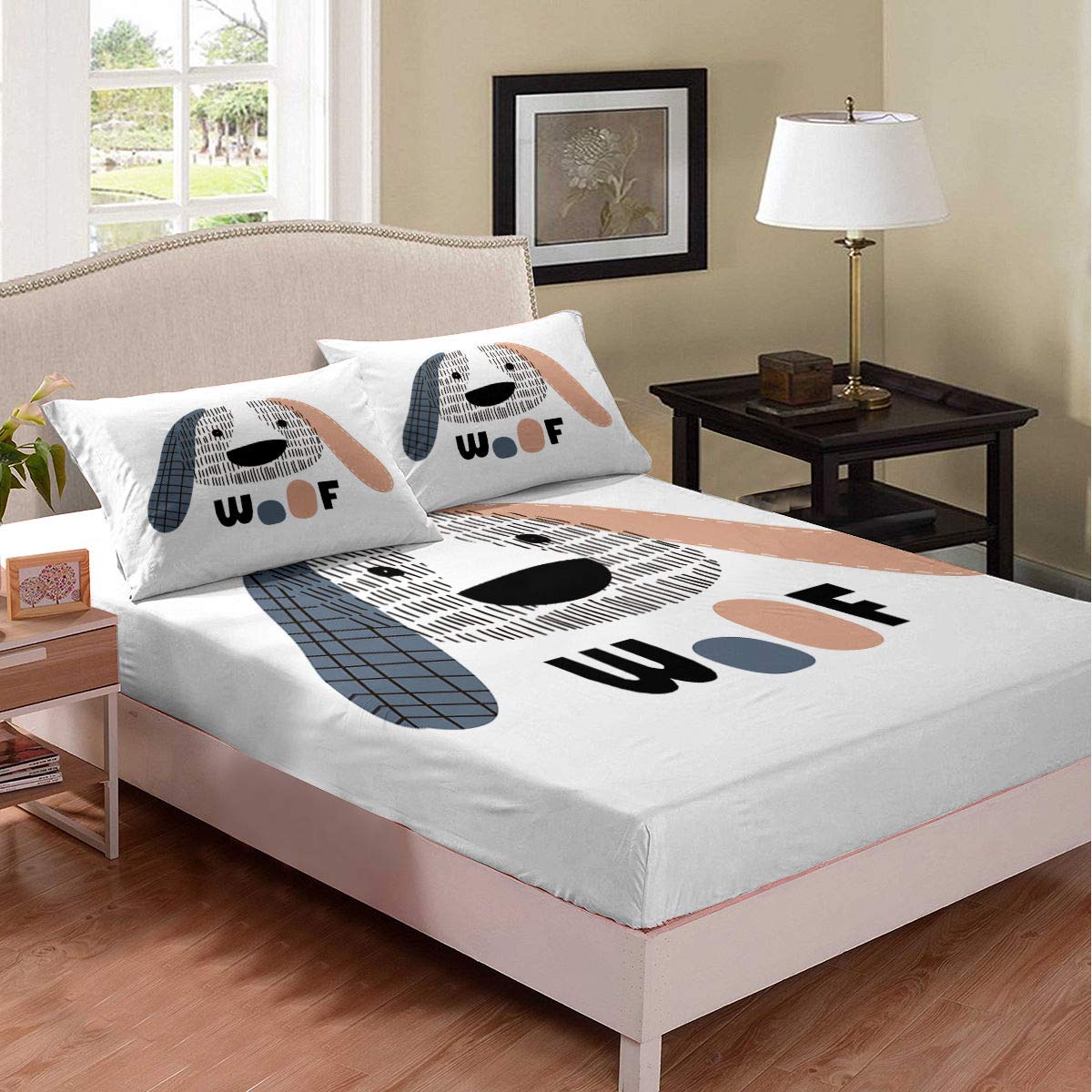 Erosebridal Cute Pug Pattern Dog Fitted Sheet Set - Ultra Soft Queen Size Bedding with 2 Pillow Cases for Kids, Boys & Girls | Perfect for Children's Bedrooms, Sleepovers & Cozy Pet-Themed Decor