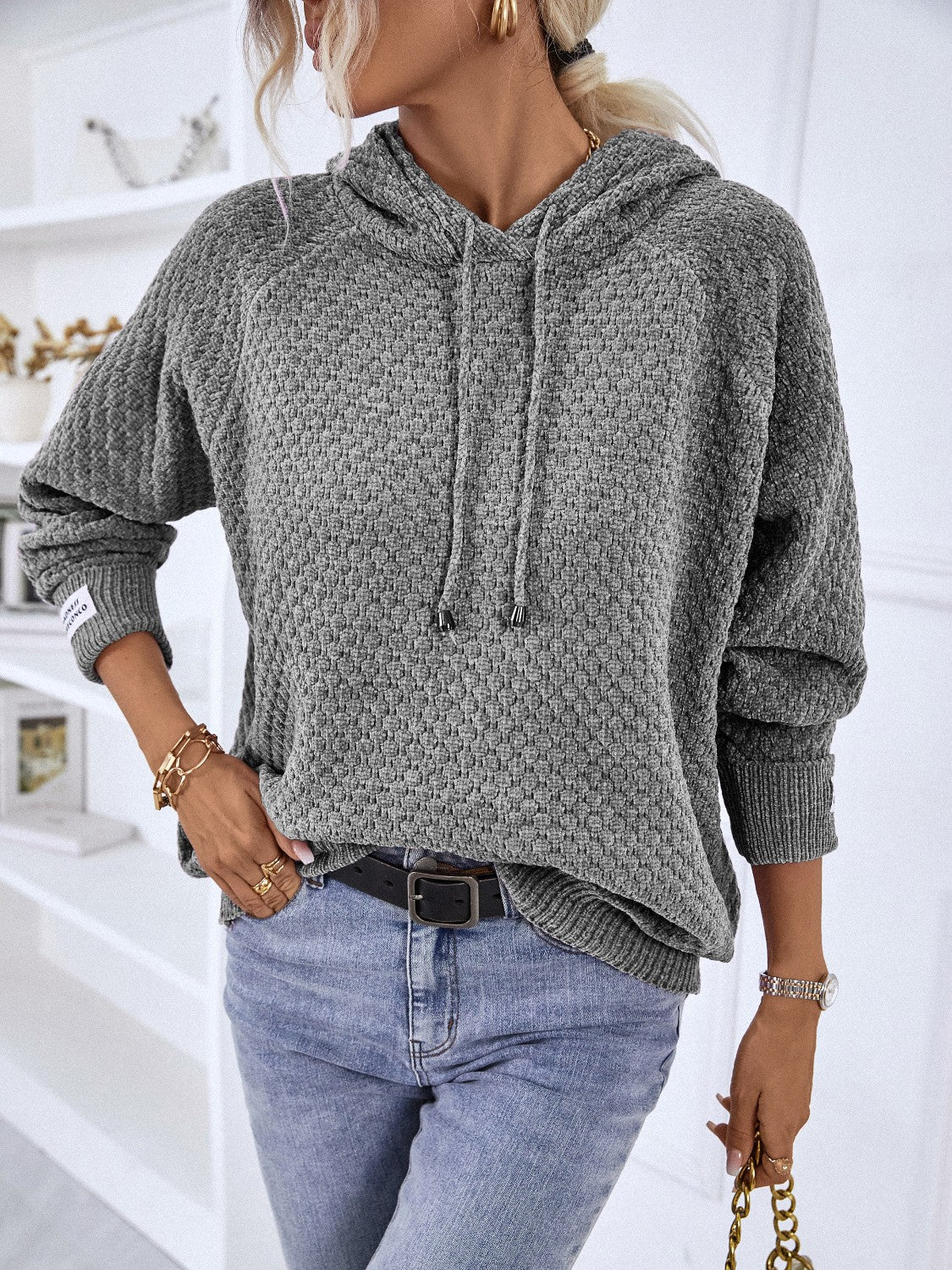 Soft Textured Drawstring Long Sleeve Hooded Sweater for Women - Cozy Pullover Knit Top for Fall & Winter Layering, Casual Outfits and Outdoor Activities