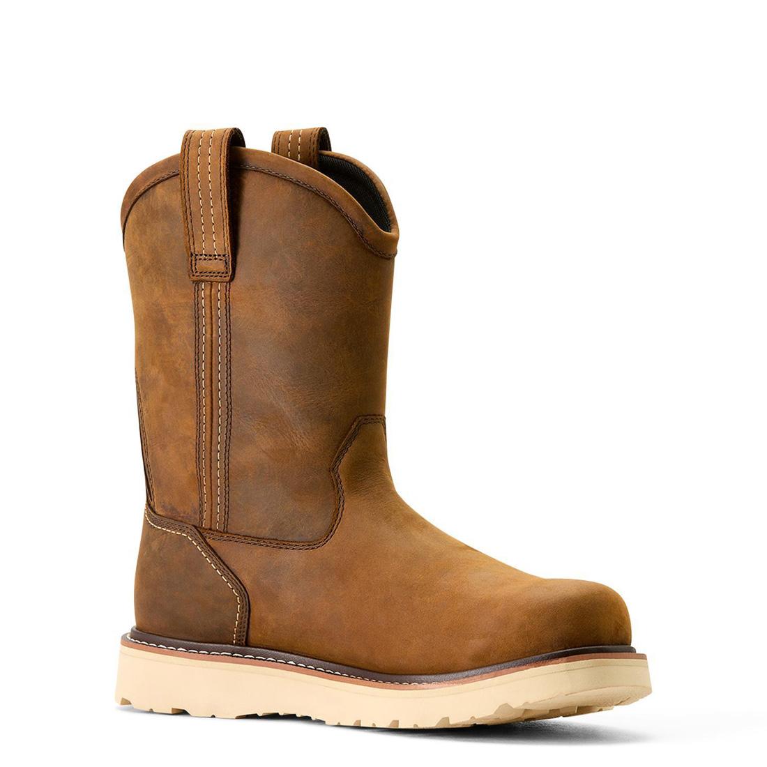 Waterproof Soft Toe Pull-On Wedge Work Boots - Distressed Brown Leather for Construction & Outdoor Work | Slip-Resistant Comfort Boots for Men