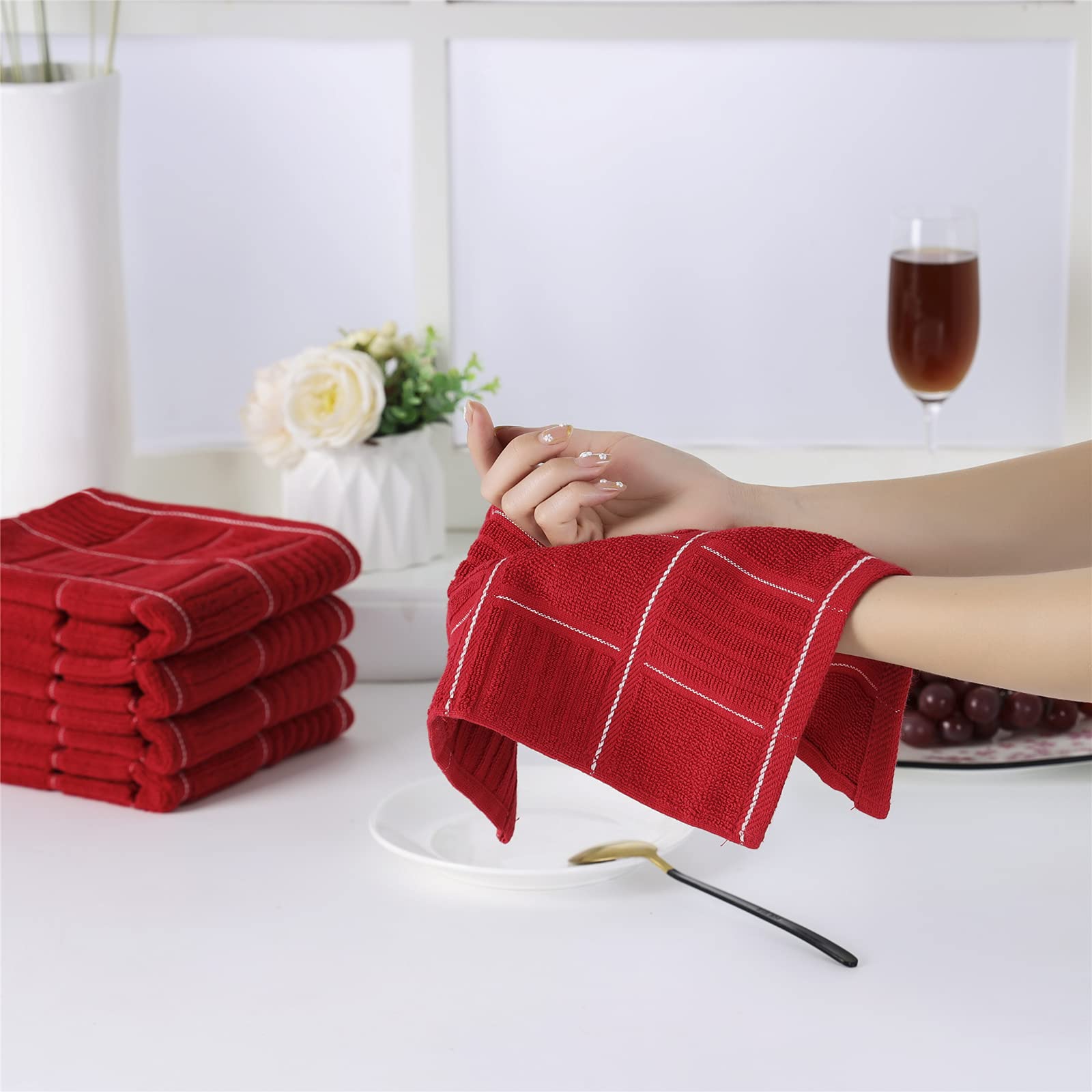 Glynniss 8-Piece Red Kitchen Towel Set - Super Absorbent Dish Towels & Cloths for Washing Dishes, Cleaning & Drying - Perfect for Kitchen, Restaurant & Household Use