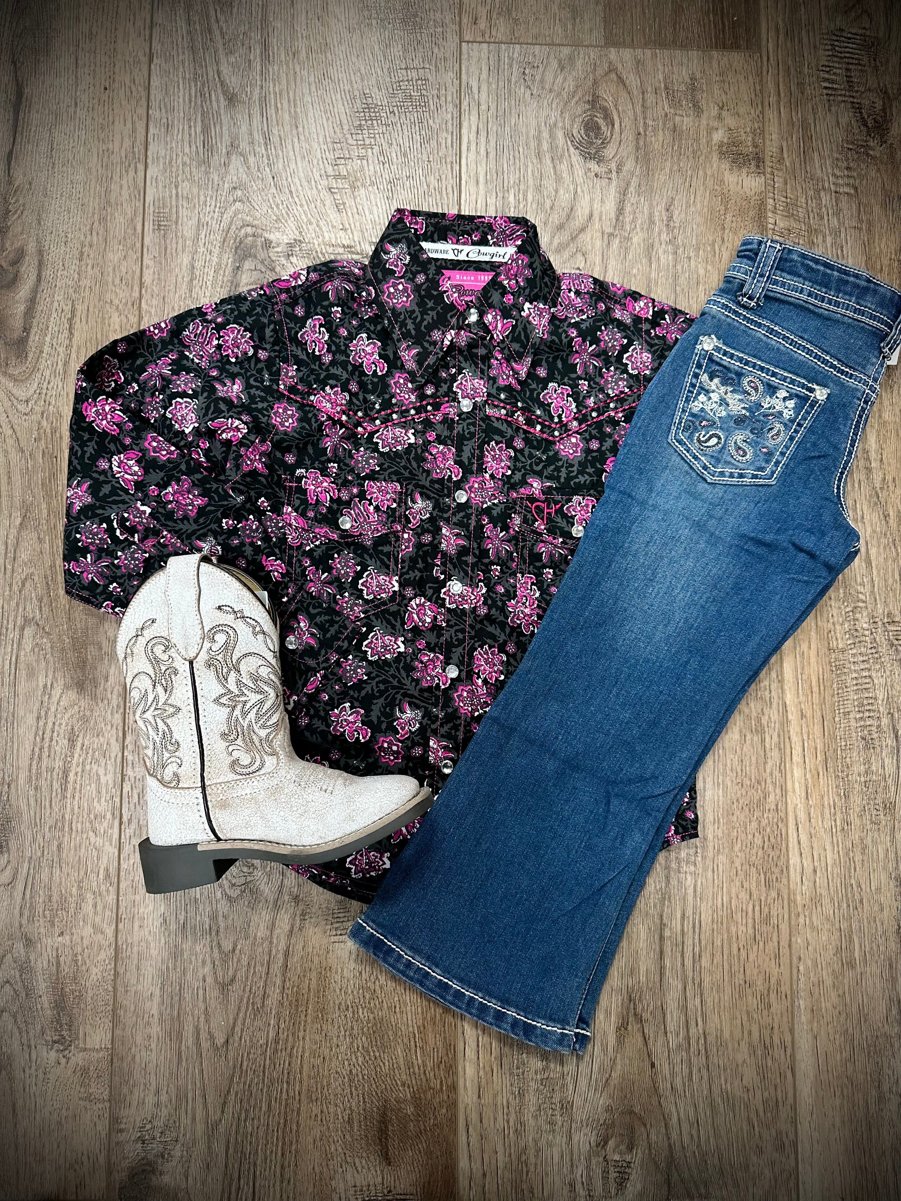 Youth Pink Floral Pattern Long Sleeve Snap Shirt for Girls - Cute Spring Outfit for School, Parties & Family Photos