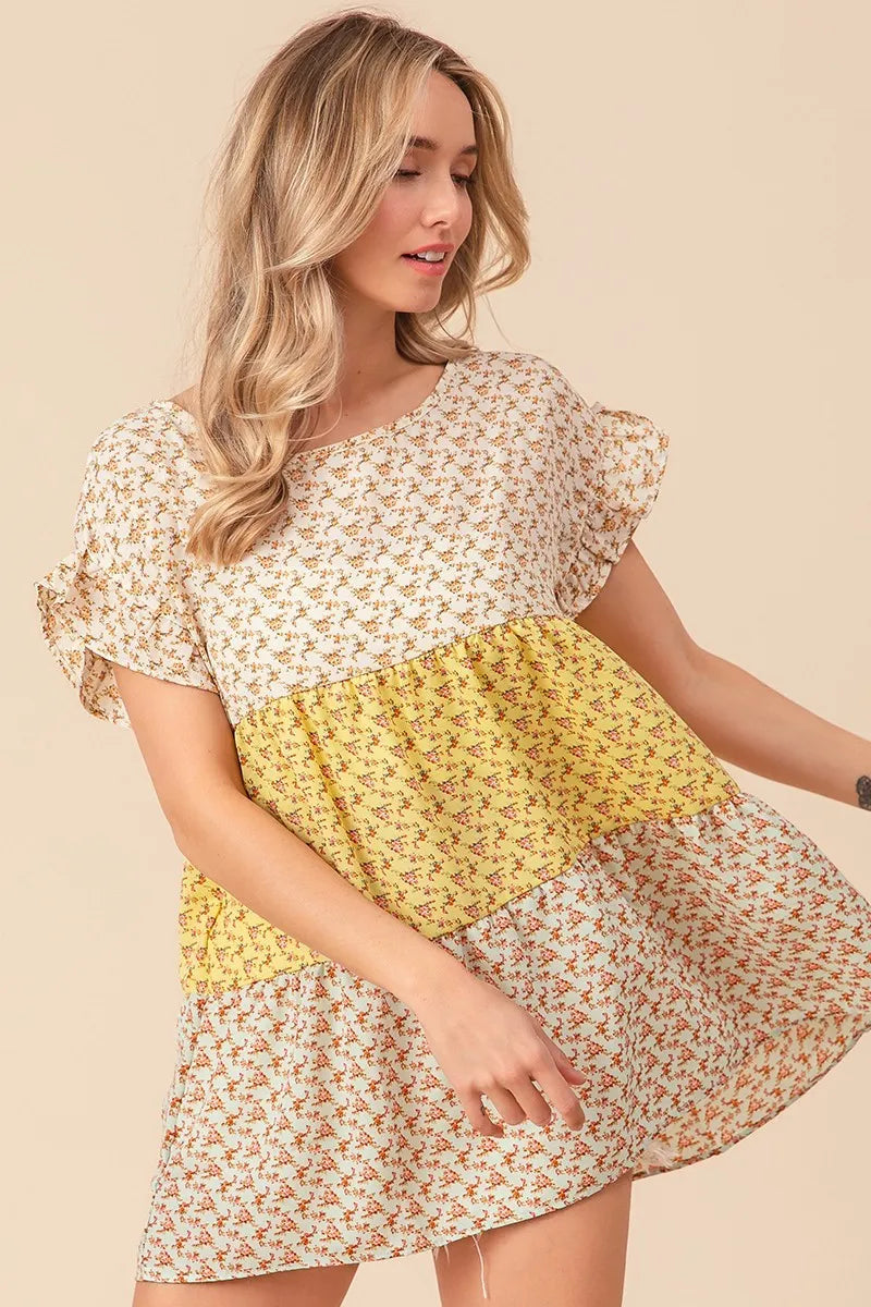 BiBi Floral Printed Woven Color Block Tiered Blouse - Women's Fashion Boho Chic Tunic Top for Casual Wear, Summer Outfits & Beach Vacations
