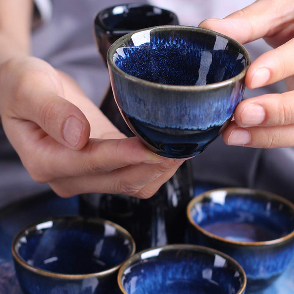 Premium Japanese Sake Set - 3pc Blue Porcelain Sake Cups for Cold Sake, Tea & Wine | Traditional Ceramic Drinking Cups for Japanese Rice Wine, Coffee & White Wine | Perfect for Home Dining, Gift Giving & Asian-Themed Parties