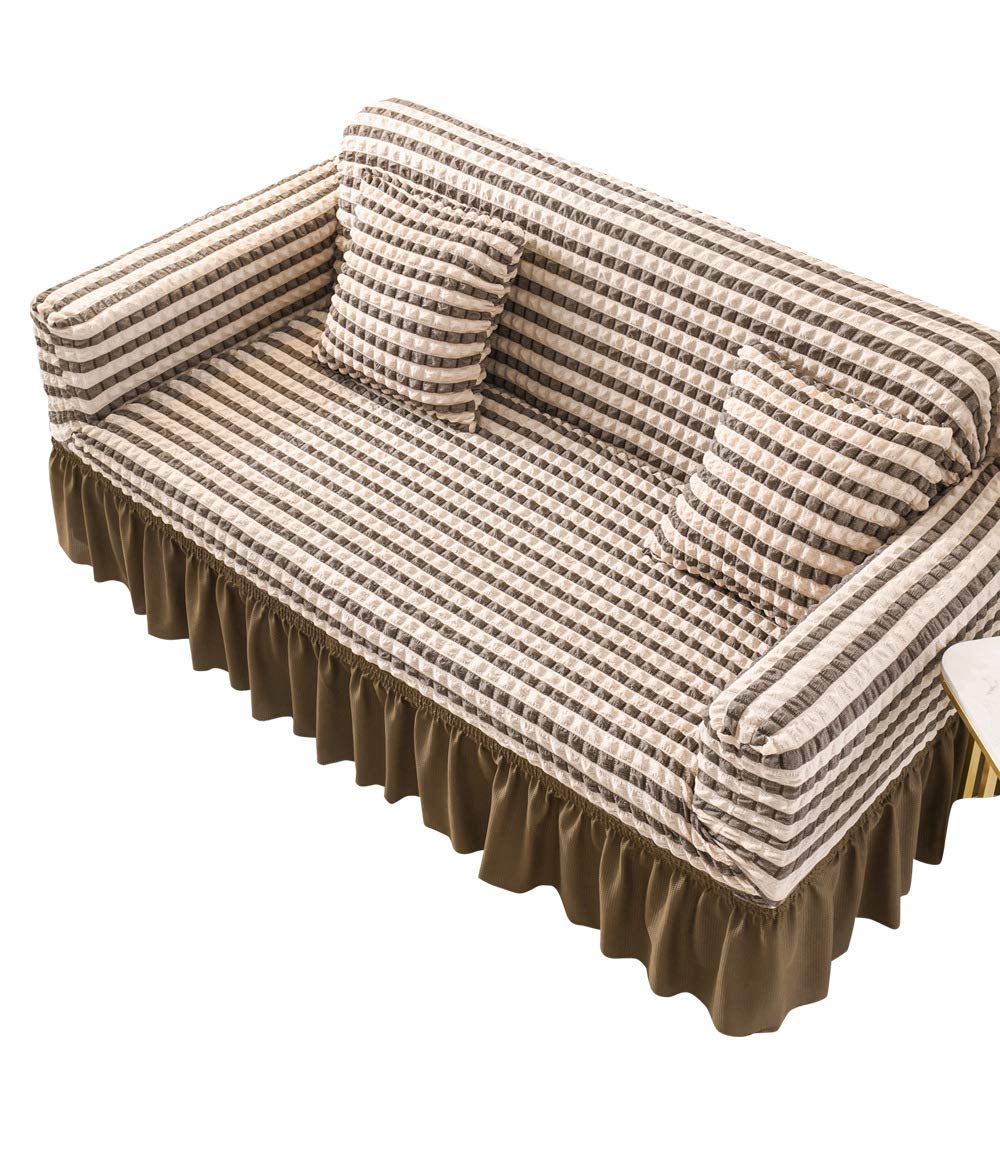 Stretchable Jacquard Sofa Slipcover with Skirt - Washable, Durable Furniture Protector for Couches & Loveseats - Deep Brown Lattice Design | Perfect for Living Room, Family Room & Home Decor