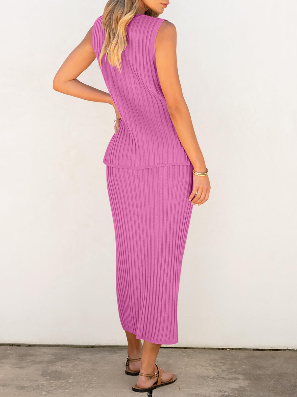 Women's 2 Piece Outfits Summer Sweater Skirt Sets - Casual Sleeveless V Neck Ribbed Vest & Knit Tops with Midi Dress | Perfect for Beach Vacation, Date Night & Office Wear
