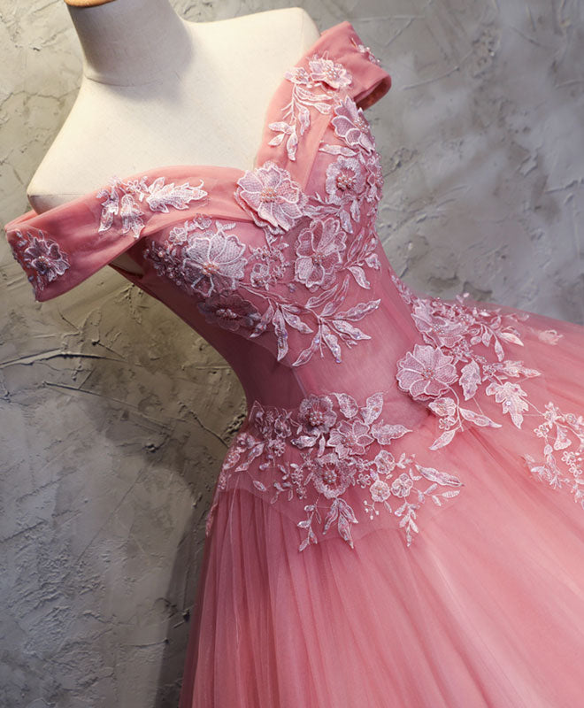 Elegant Pink Tulle Lace Off Shoulder Long Prom Dress - Formal Evening Gown for Homecoming, Wedding, Quinceañera & Special Occasions