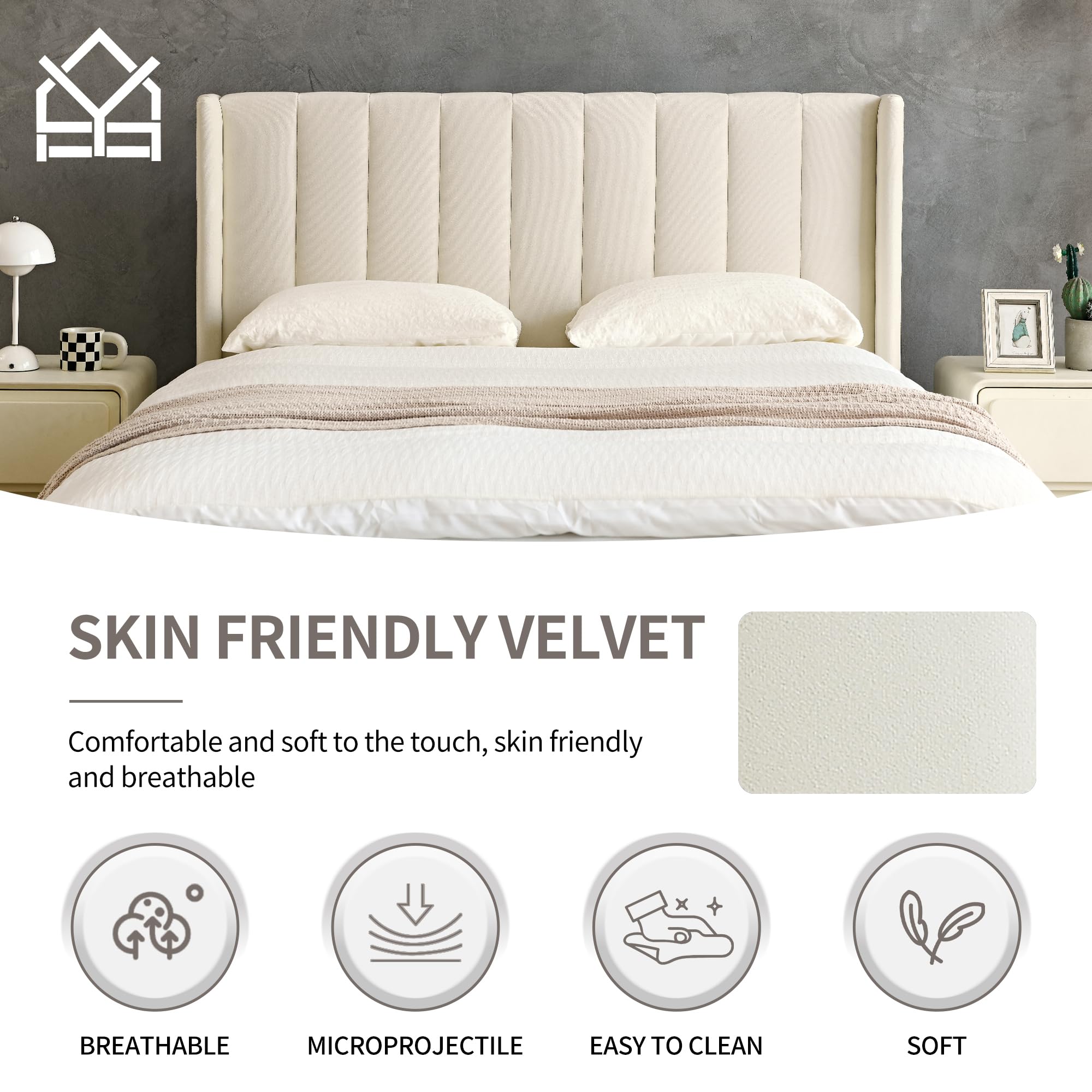 Luxury Velvet Upholstered Platform Bed Frame - Full Size, Modern Geometric Winged Headboard, Quiet & Easy Assembly, Cream Fabric - Perfect for Master Bedroom, Guest Room, or Apartment Decor